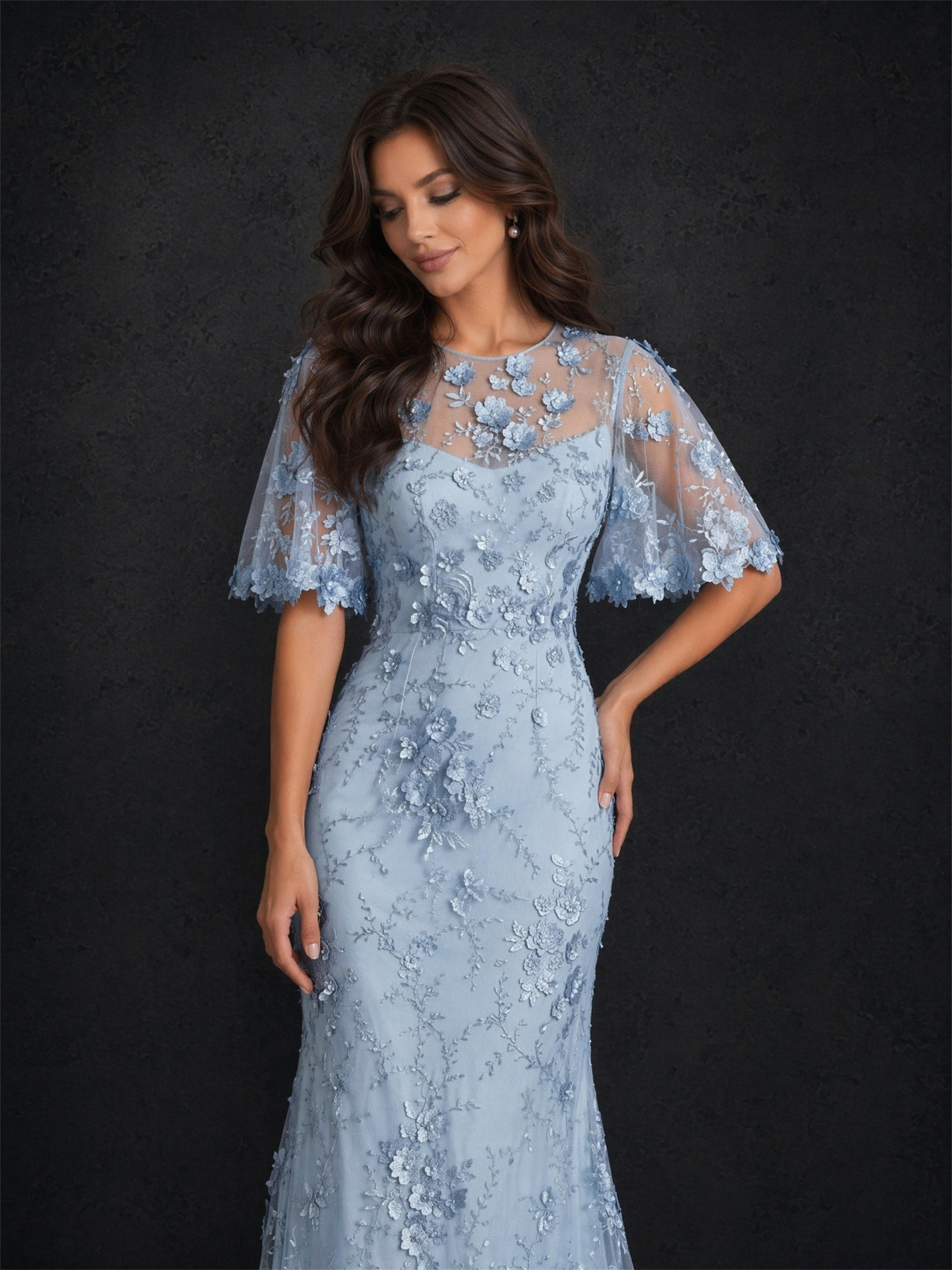 BOLODOO Powder Blue 3D Floral Lace Flutter Sleeve Mermaid Maxi Dress - Front Full Length Smiling View