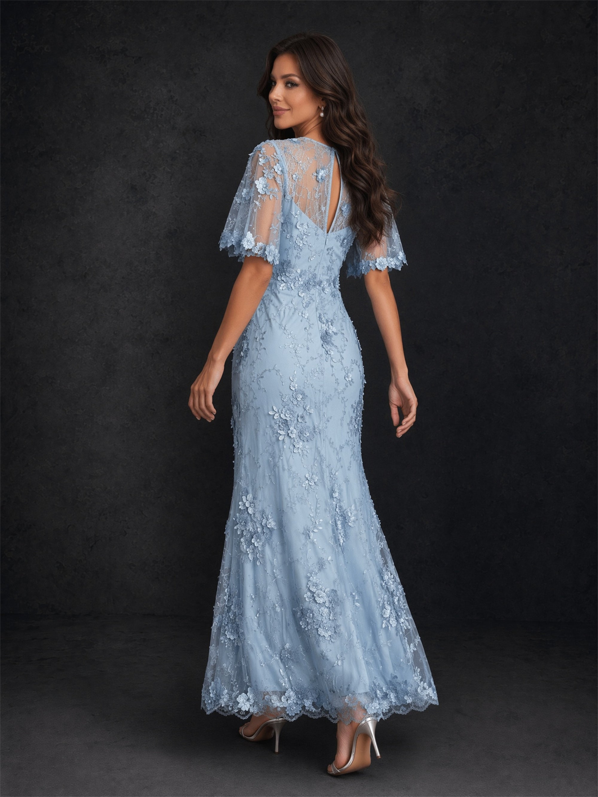 BOLODOO Powder Blue 3D Floral Lace Flutter Sleeve Mermaid Maxi Dress - Front Upper Body Close Up showing Illusion Neck and 3D Floral Detail