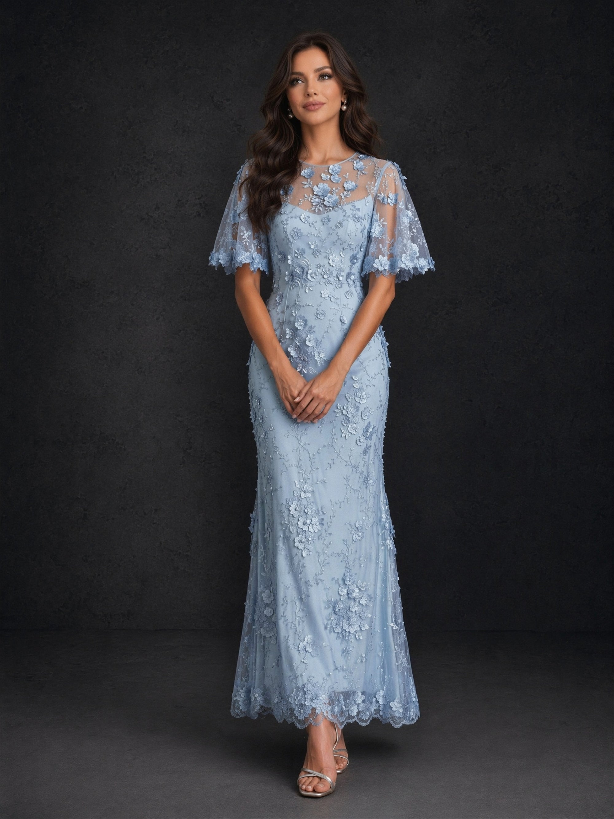 BOLODOO Powder Blue 3D Floral Lace Flutter Sleeve Mermaid Maxi Dress - Back View showing Keyhole Back and Scalloped Hem