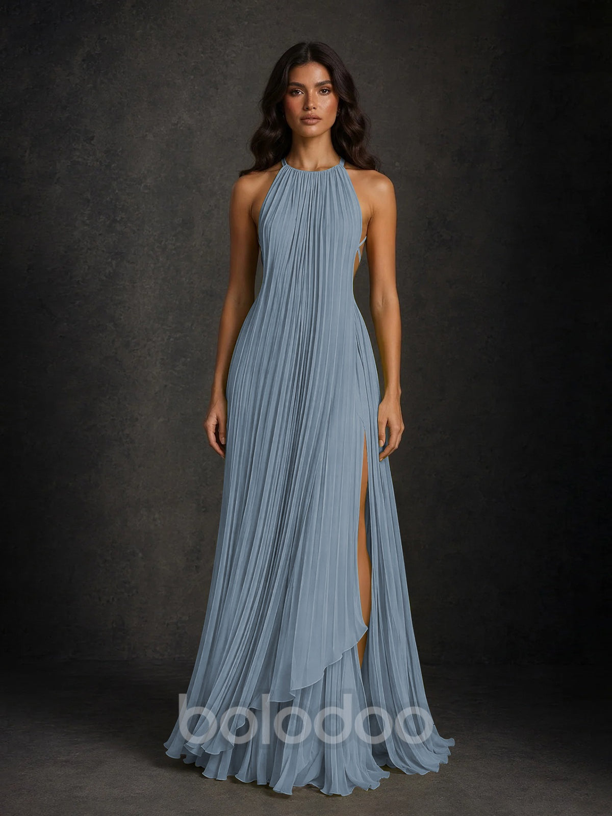 BOLODOO Chartreuse Halter Neck Pleated Chiffon Maxi Dress with Side Slit Dusty Blue | BOLODOO watermark