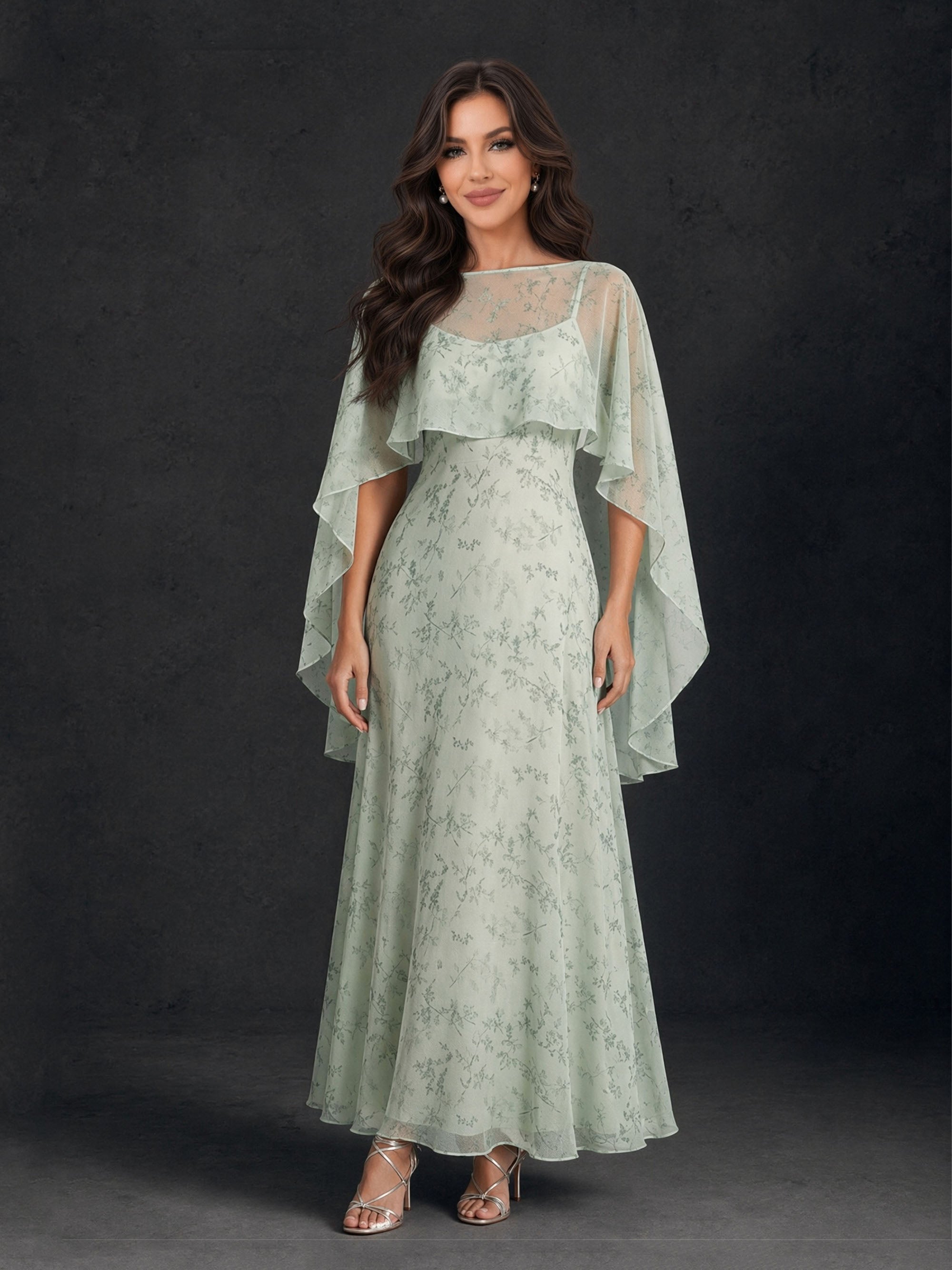 BOLODOO Sage Green Floral Chiffon Illusion Neck Cape Sleeve A-Line Maxi Dress - Front Full Length View Hands Clasped