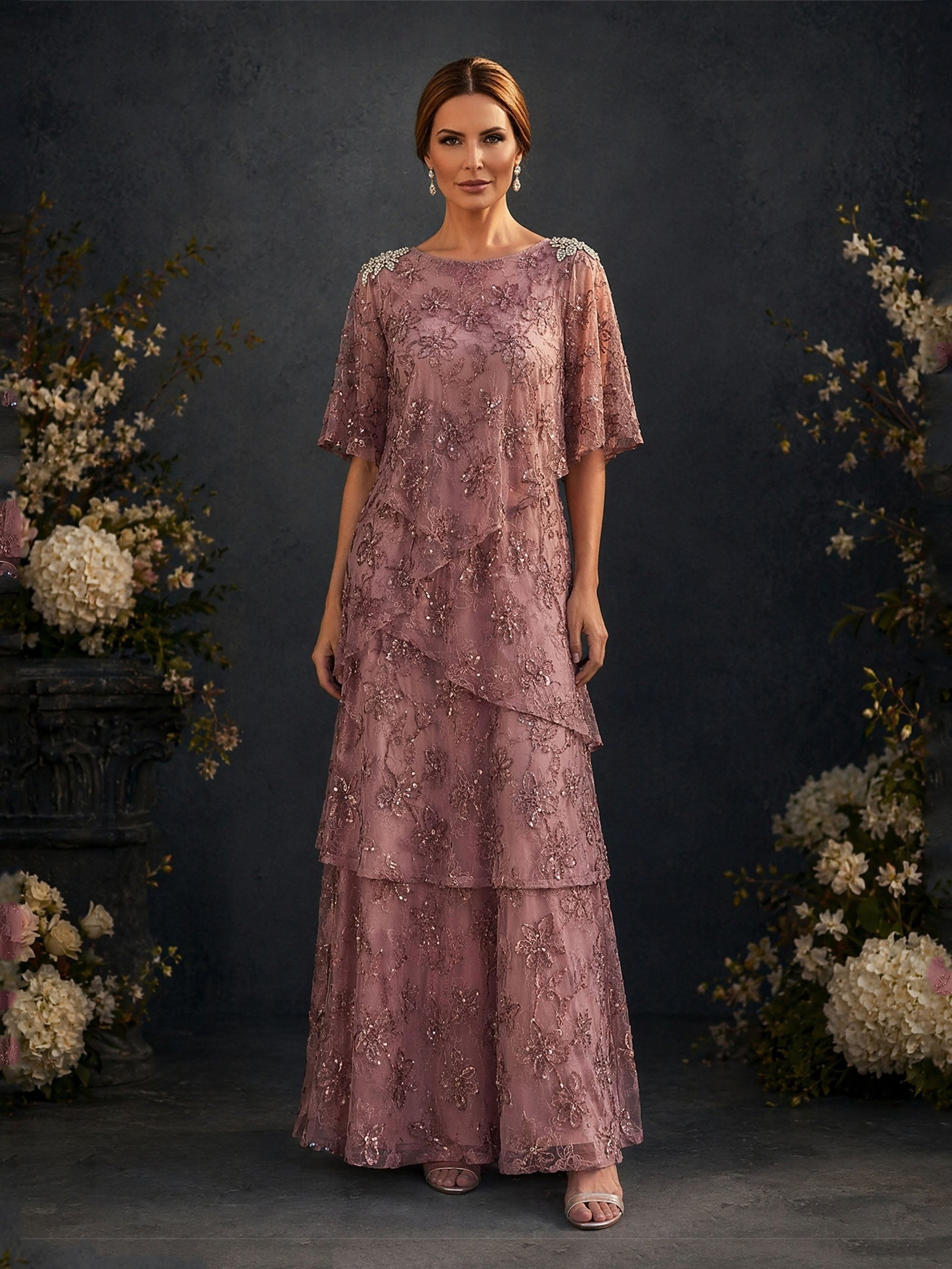 BOLODOO Dusty Rose Flutter Sleeve Sequin Floral Lace Tiered A-Line Gown – Front View Full Length in Garden Setting