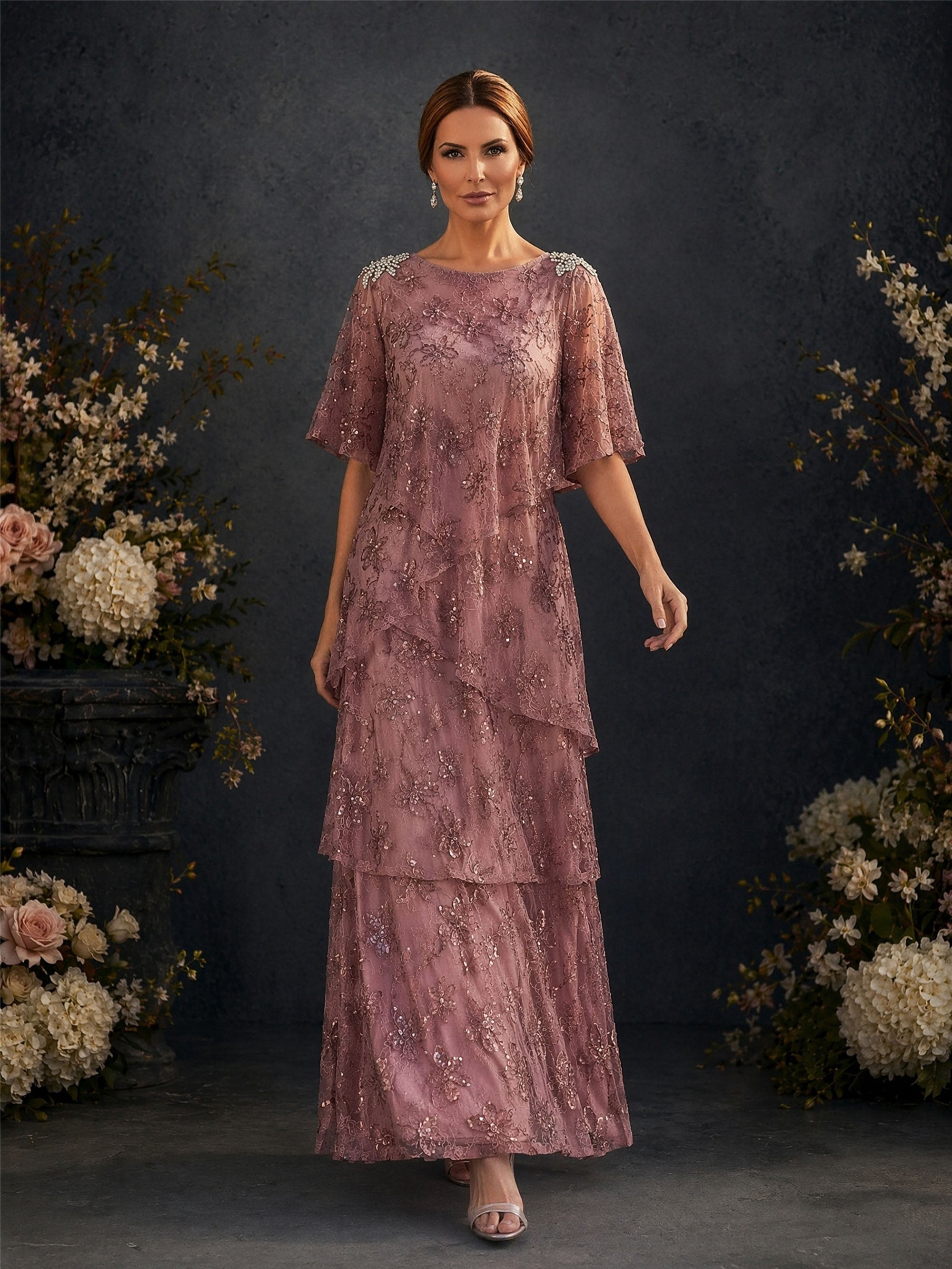 BOLODOO Dusty Rose Flutter Sleeve Sequin Floral Lace Tiered A-Line Gown – Front View Full Length Studio