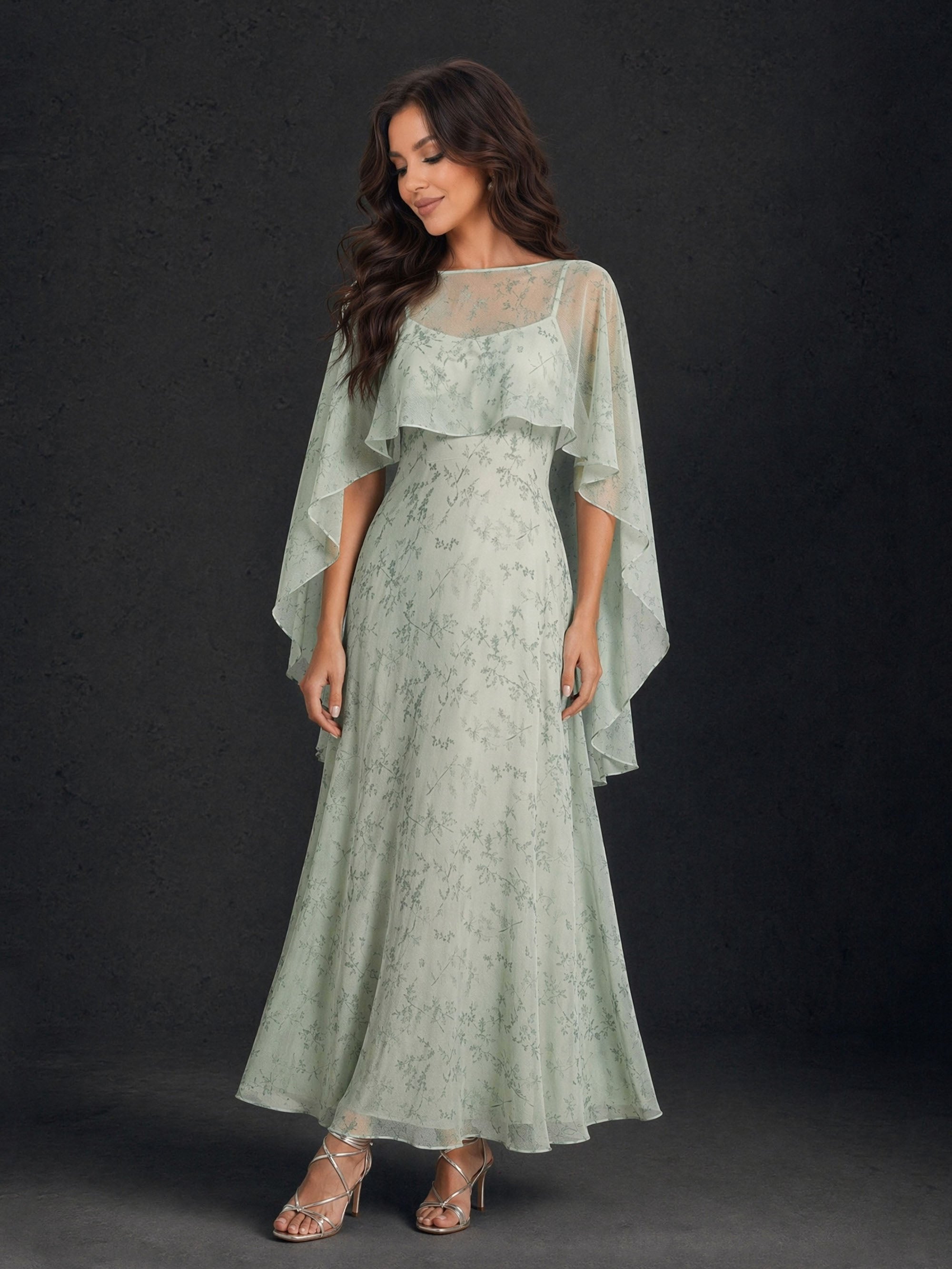 BOLODOO Sage Green Floral Chiffon Illusion Neck Cape Sleeve A-Line Maxi Dress - Front Full Length Smiling View