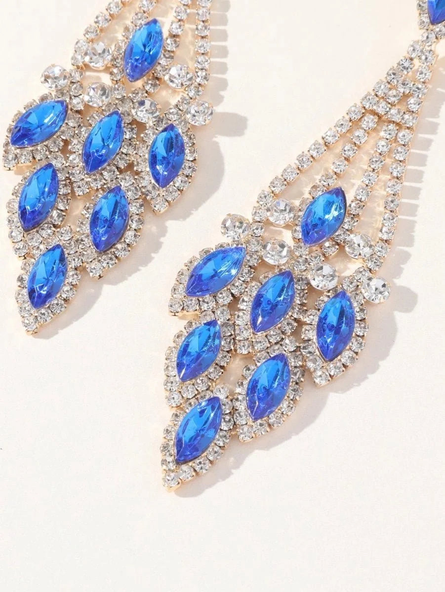Blue Statement Rhinestones Tassel Long Earrings