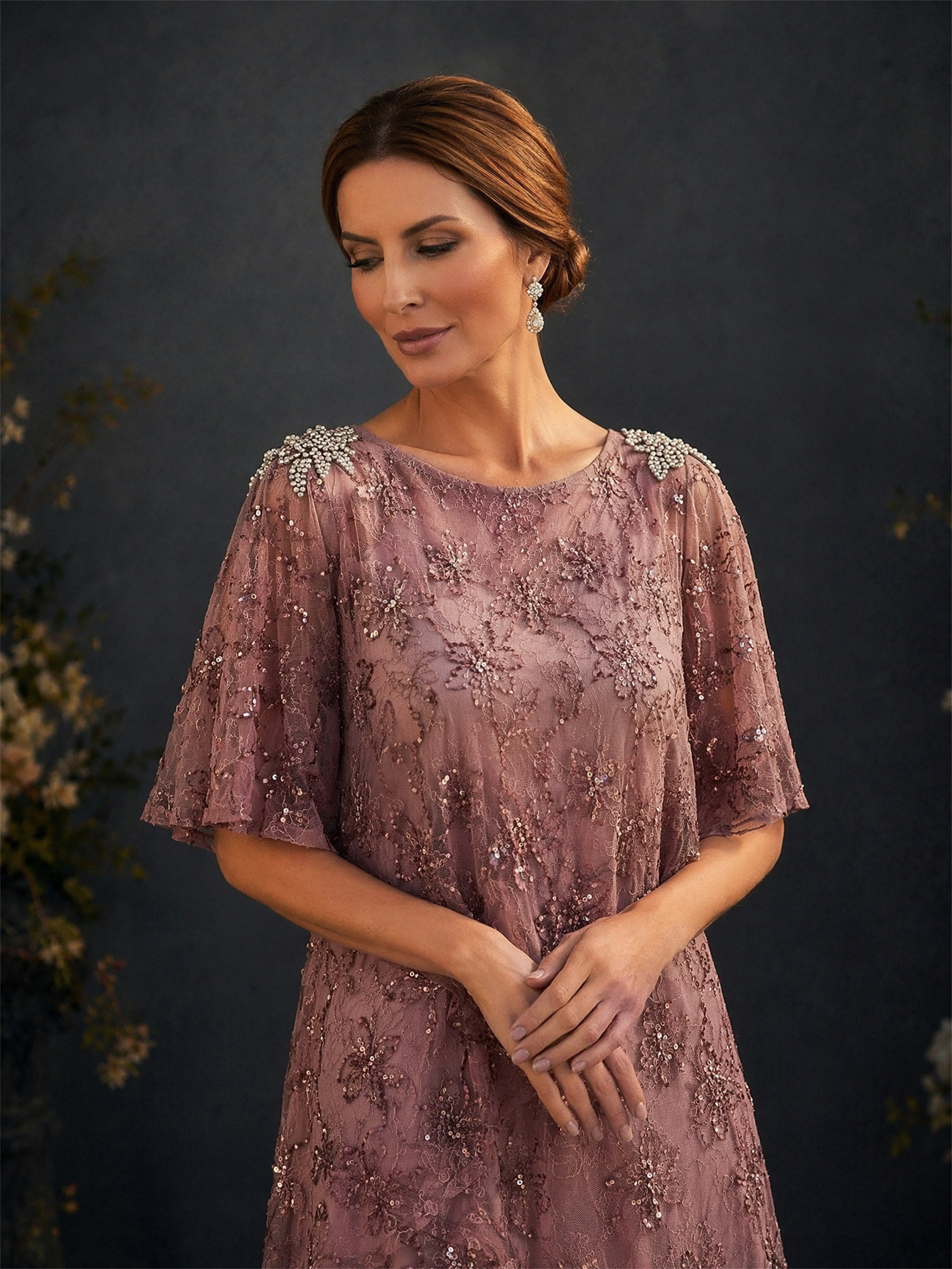BOLODOO Dusty Rose Flutter Sleeve Sequin Floral Lace Tiered A-Line Gown – Upper Body Pearl Shoulder & Lace Detail Close-Up