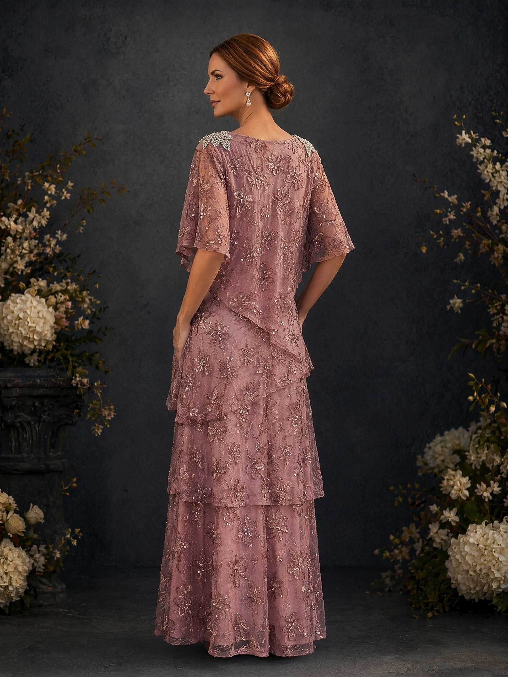 BOLODOO Dusty Rose Flutter Sleeve Sequin Floral Lace Tiered A-Line Gown – Back View Full Length