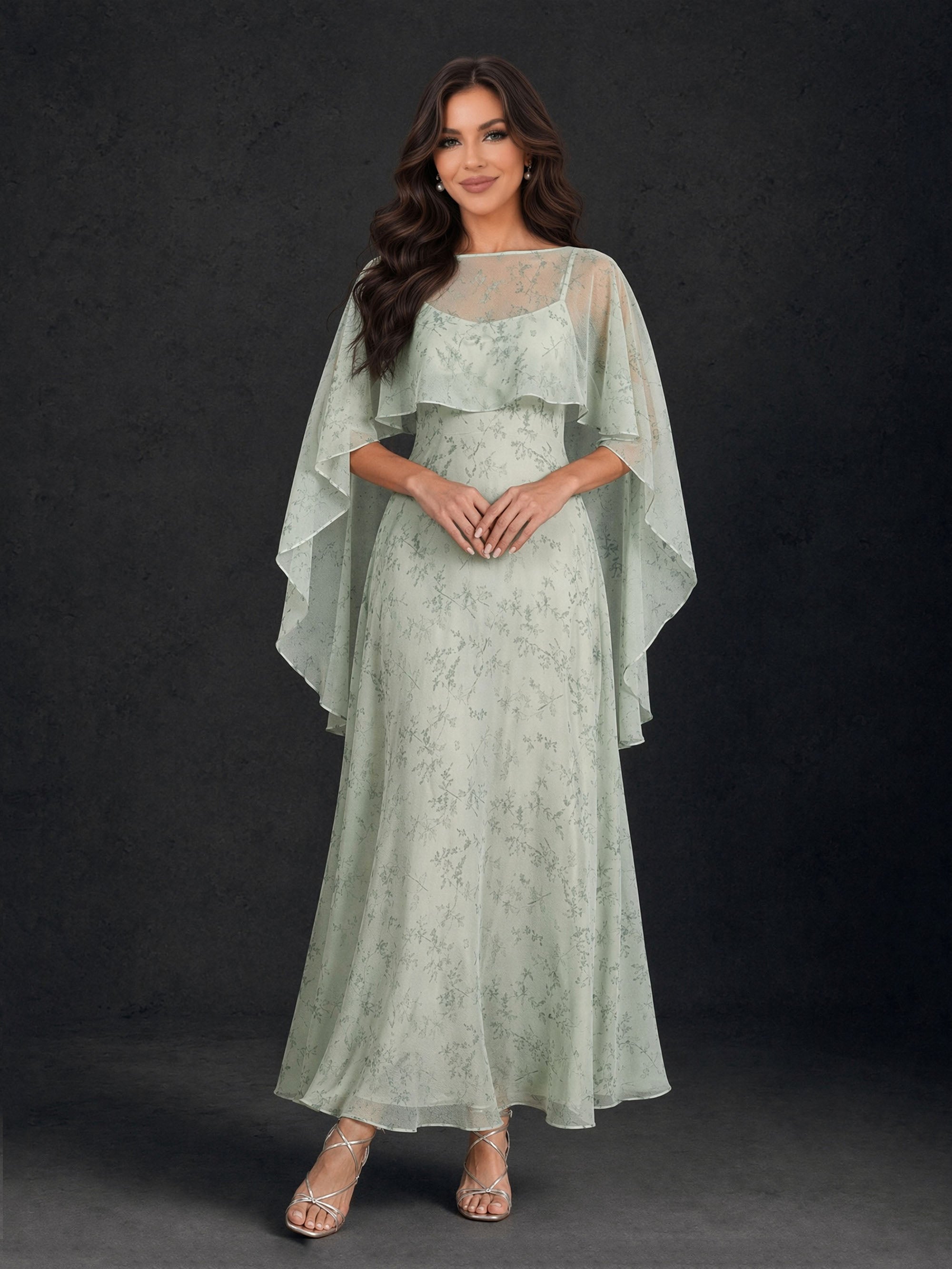 BOLODOO Sage Green Floral Chiffon Illusion Neck Cape Sleeve A-Line Maxi Dress - Back View showing Keyhole Back and Cape Overlay
