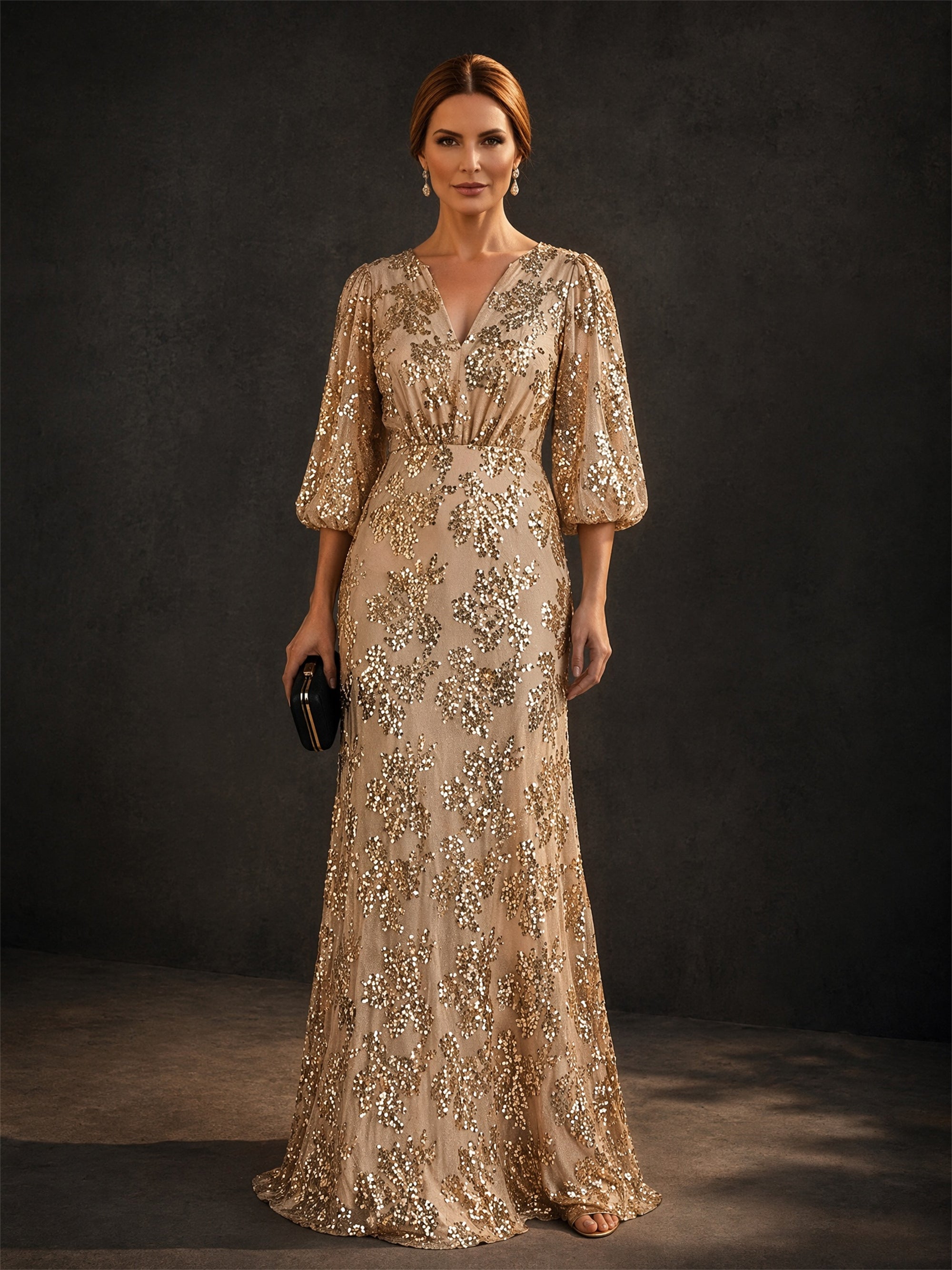 BOLODOO Champagne Gold V-Neck Lantern Sleeve All-Over Sequin Mermaid Gown – Upper Body V-Neck & Sequin Detail Close-Up