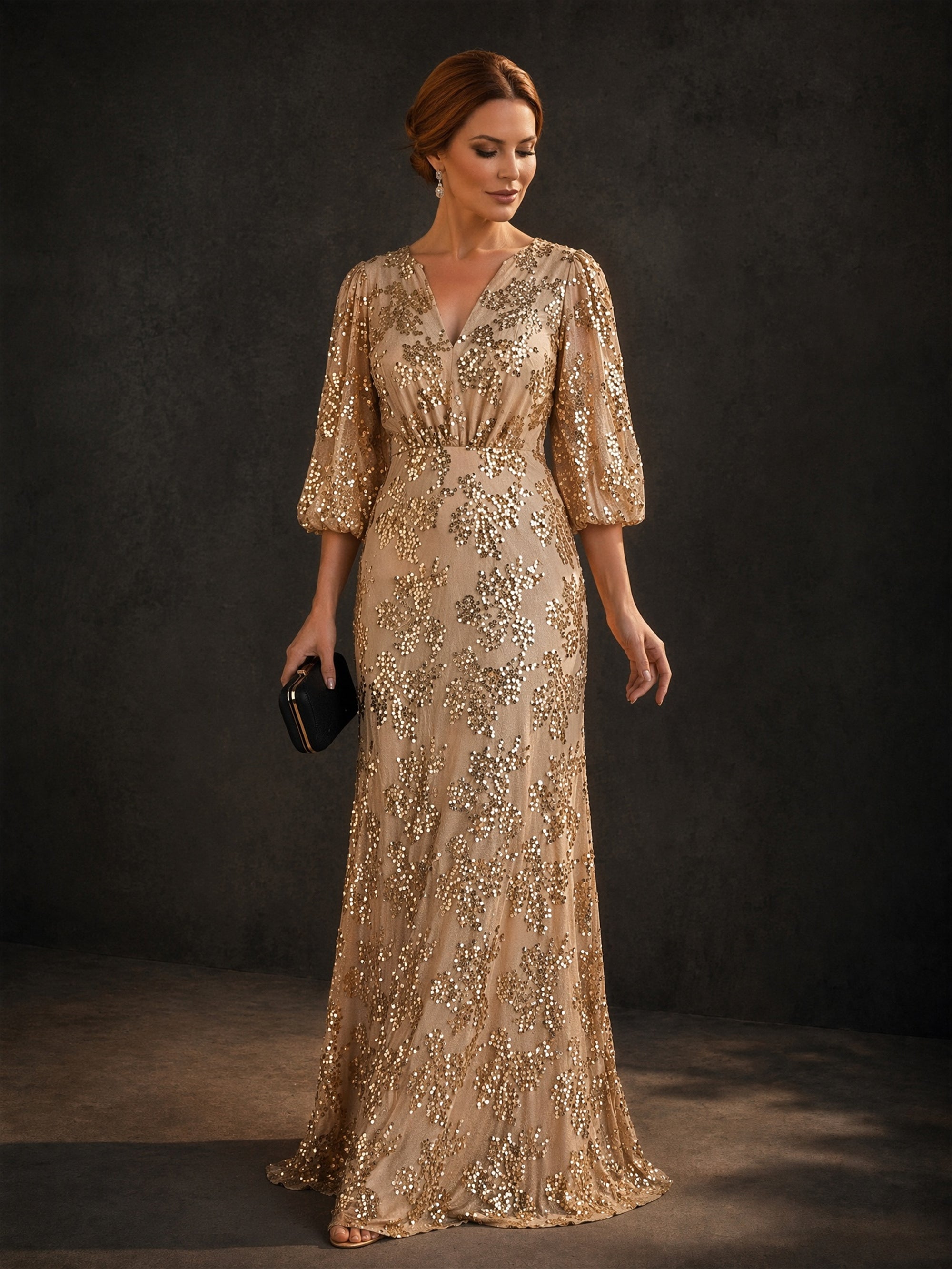 BOLODOO Champagne Gold V-Neck Lantern Sleeve All-Over Sequin Mermaid Gown – Front View Full Length with Clutch