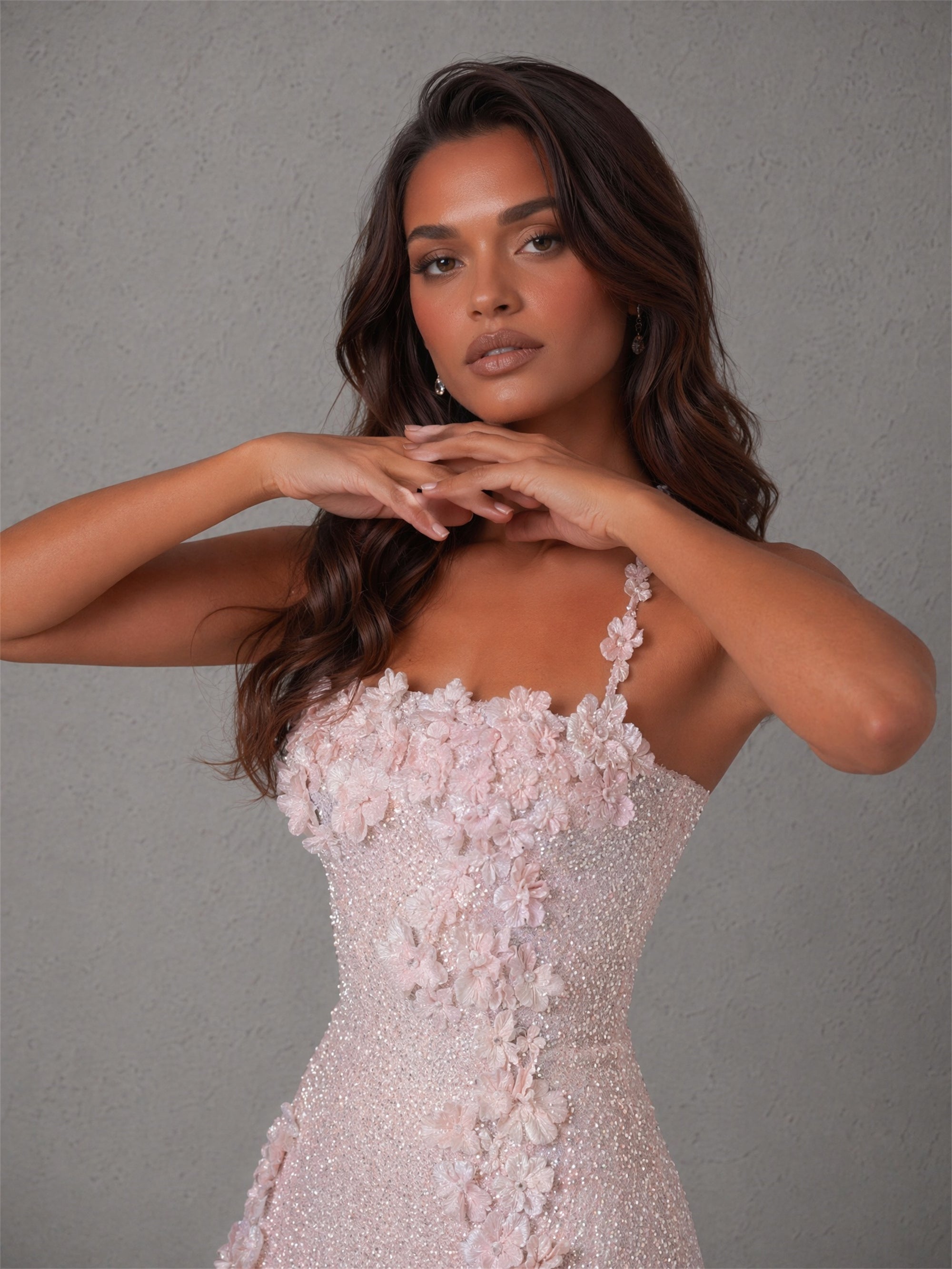 BOLODOO blush pink glitter 3D floral one-shoulder square neck bodycon mini dress - back view showing lace-up open back
