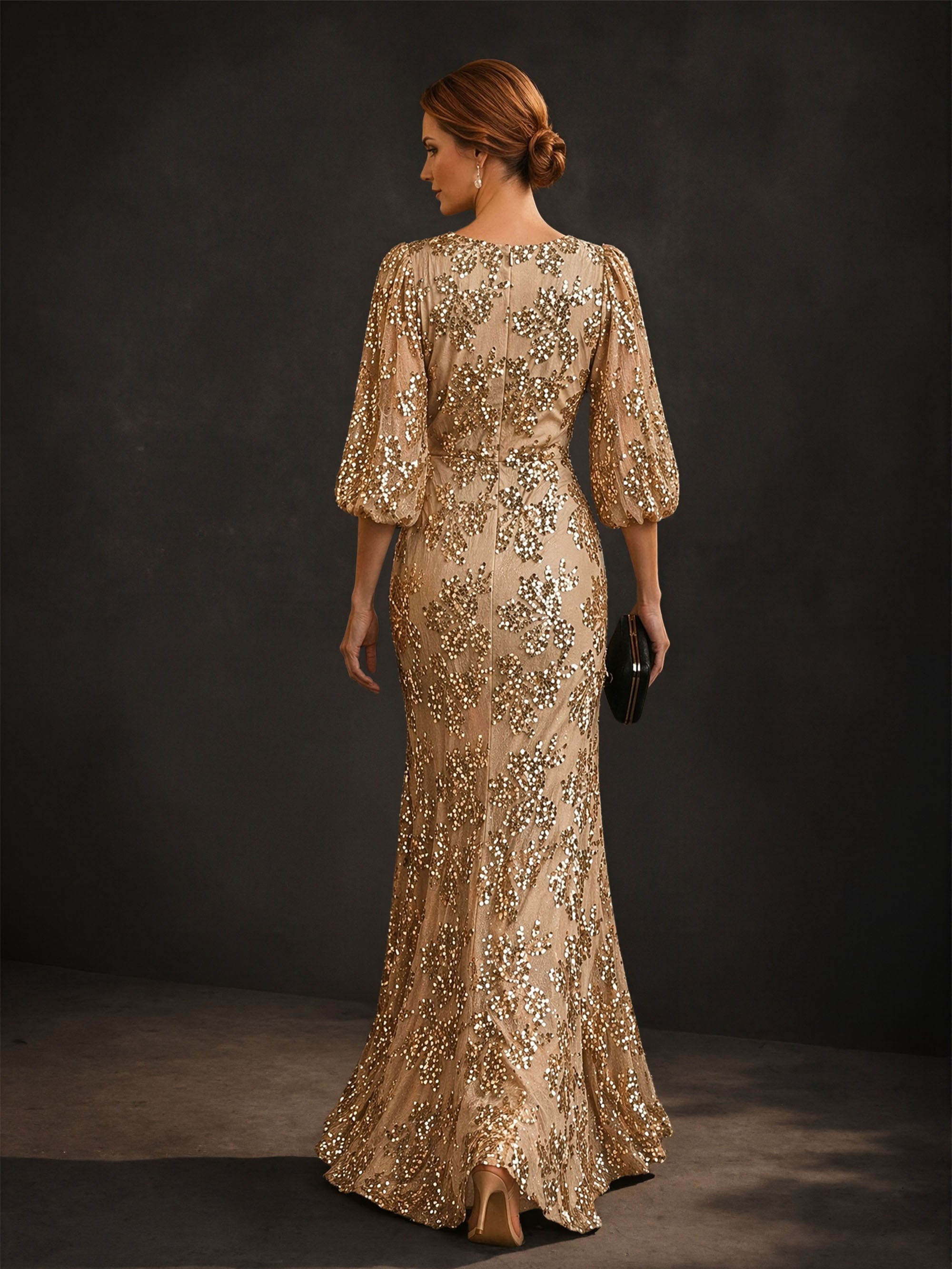 BOLODOO Champagne Gold V-Neck Lantern Sleeve All-Over Sequin Mermaid Gown – Front View Full Length Relaxed Pose