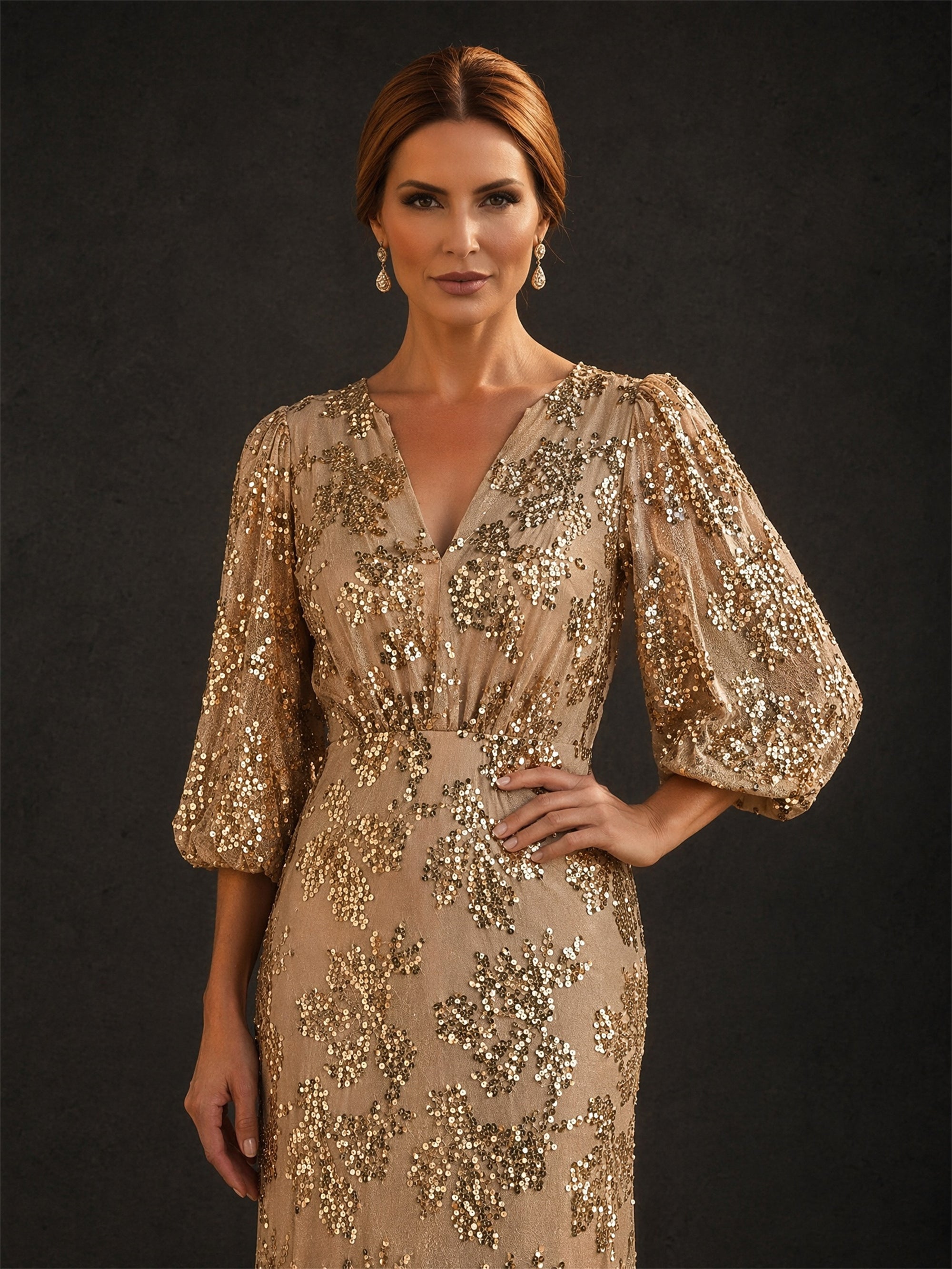 BOLODOO Champagne Gold V-Neck Lantern Sleeve All-Over Sequin Mermaid Gown – Back View Full Length