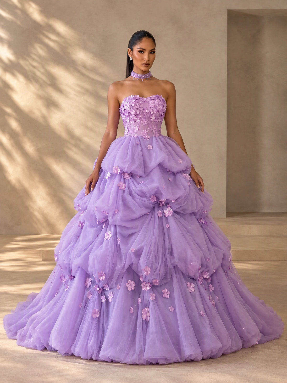 BOLODOO Lavender Strapless Floral Bridal Ball Gown with Train 