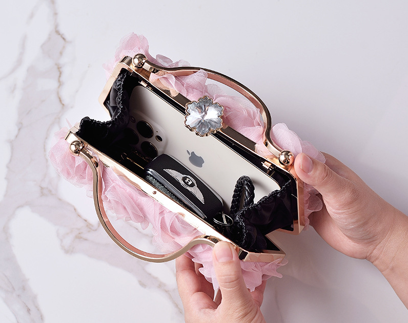 BOLODOO Pink 3D Rose Evening Bag with Gold-Tone Handle & Chain 
