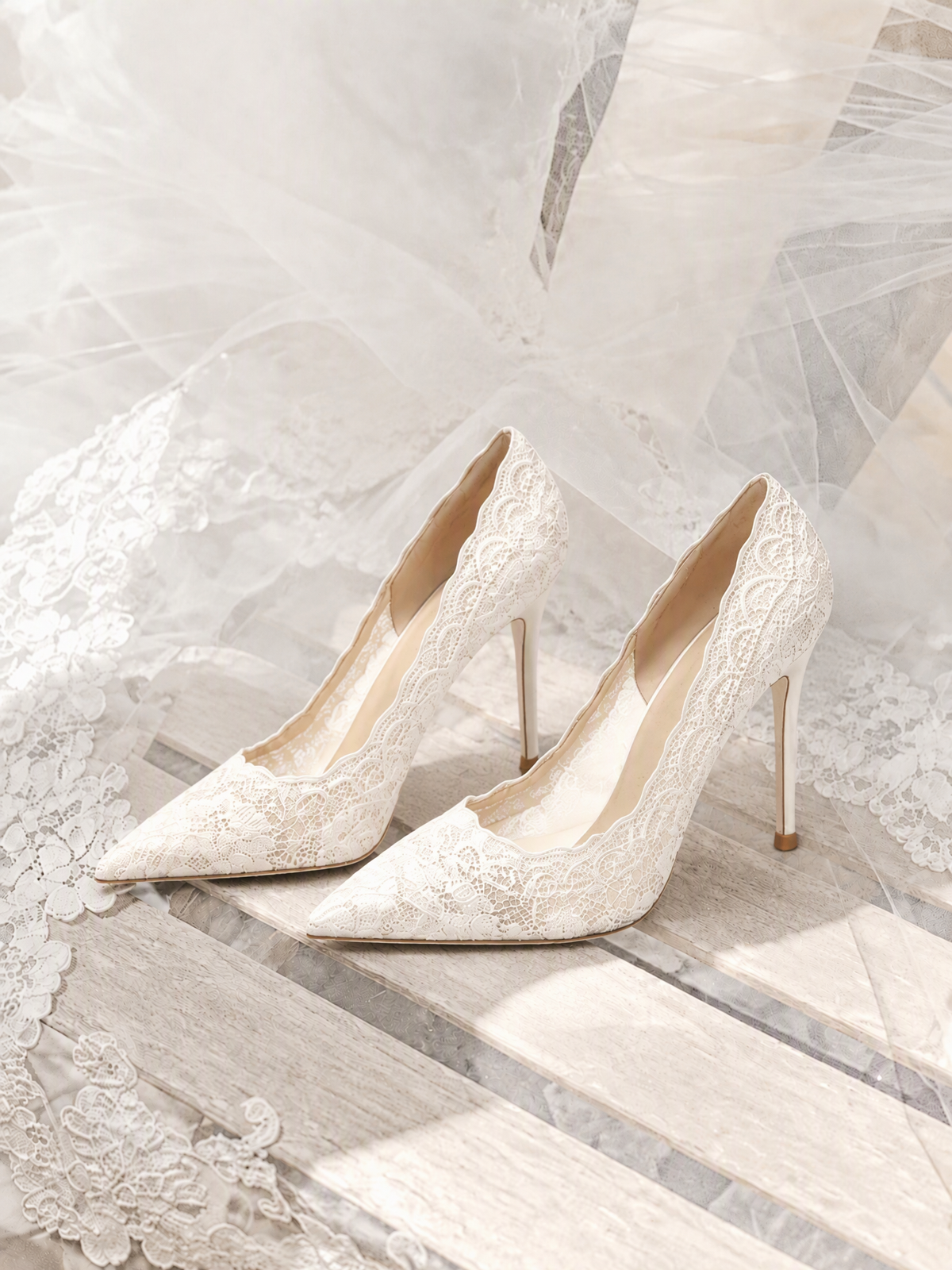 BOLODOO XCD010 white floral lace pointed-toe bridal pumps with 10 cm stiletto heels, front three-quarter view