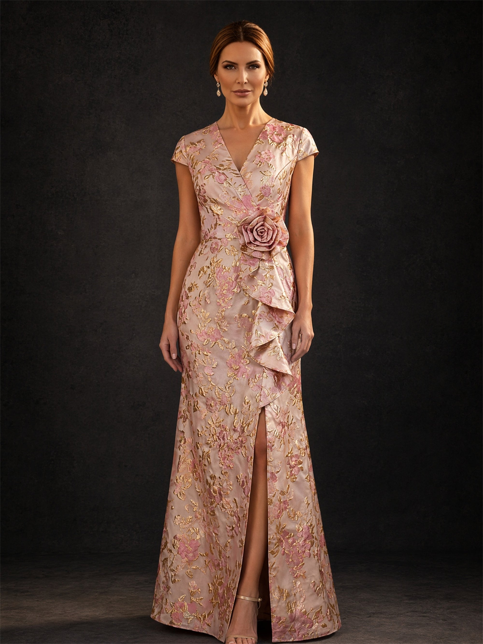 BOLODOO Rose Gold Jacquard V-Neck Cap Sleeve Sheath Gown – Upper Body V-Neck & 3D Rosette Close-Up