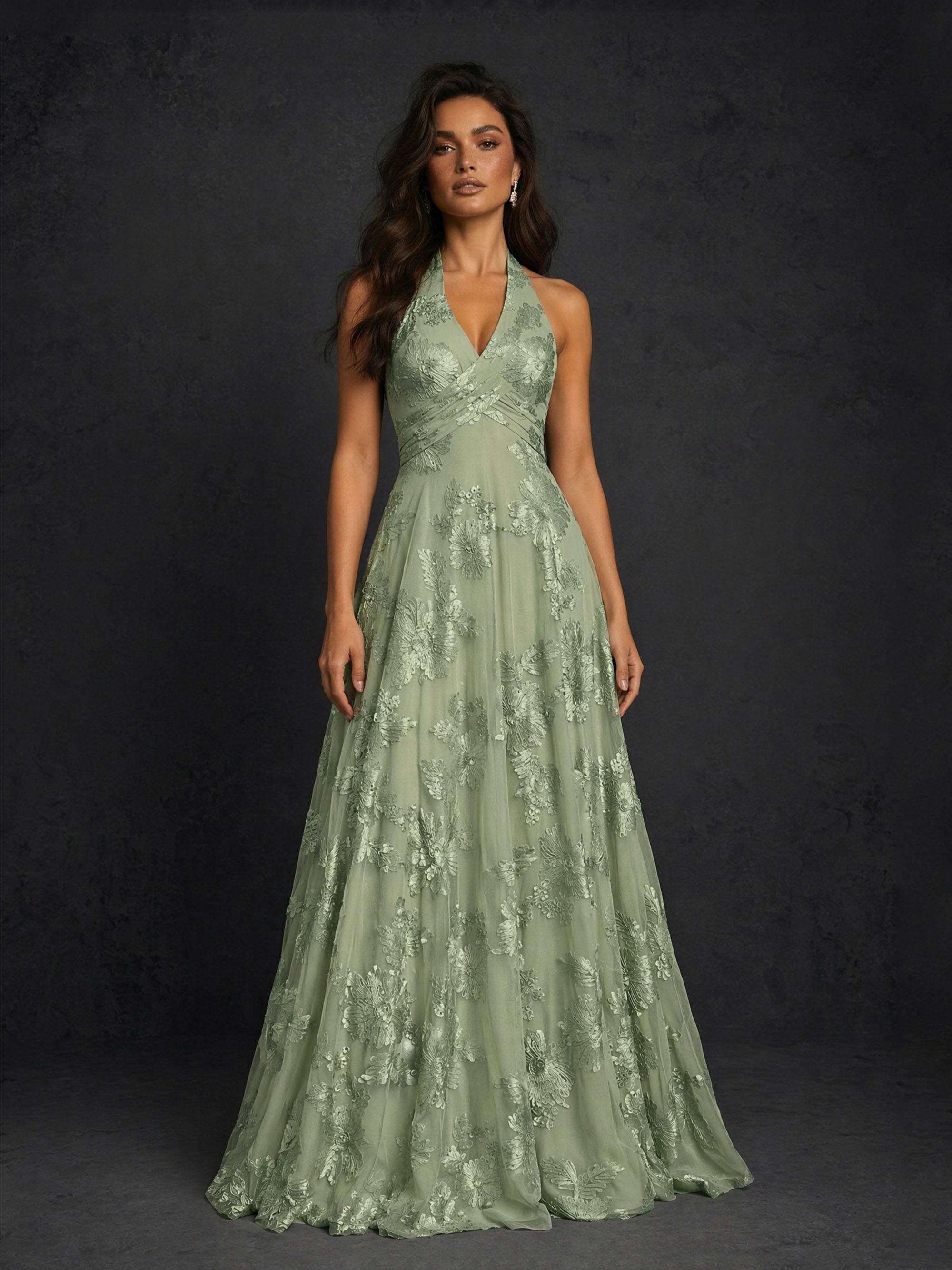 BOLODOO Sage Green Gold Sequin Halter V-Neck Twist Knot A-Line Maxi Dress - Front Upper Body Close Up showing V-Neck and Twist Knot Waist Detail