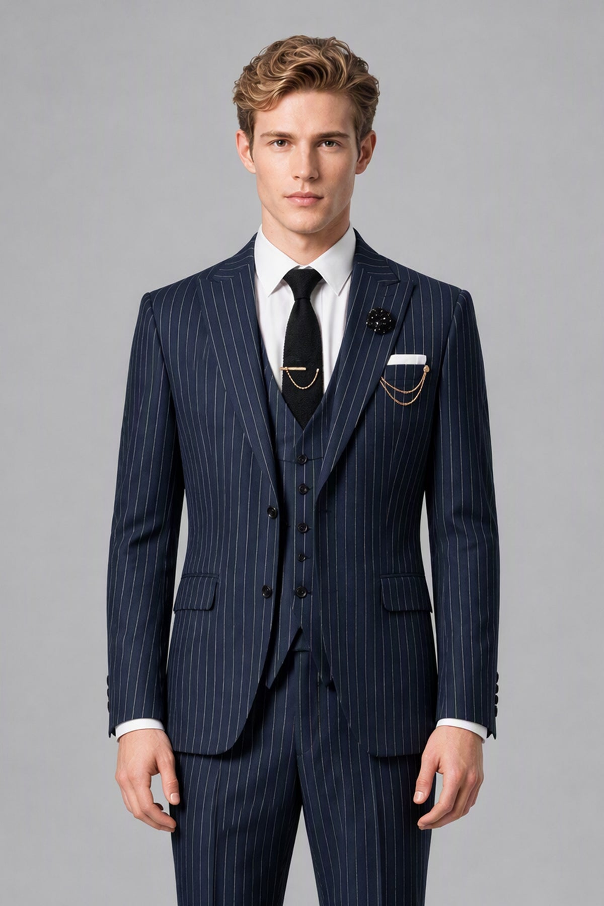 Bolodoo FQ1010 navy pinstripe suit jacket and matching vest, front close-up