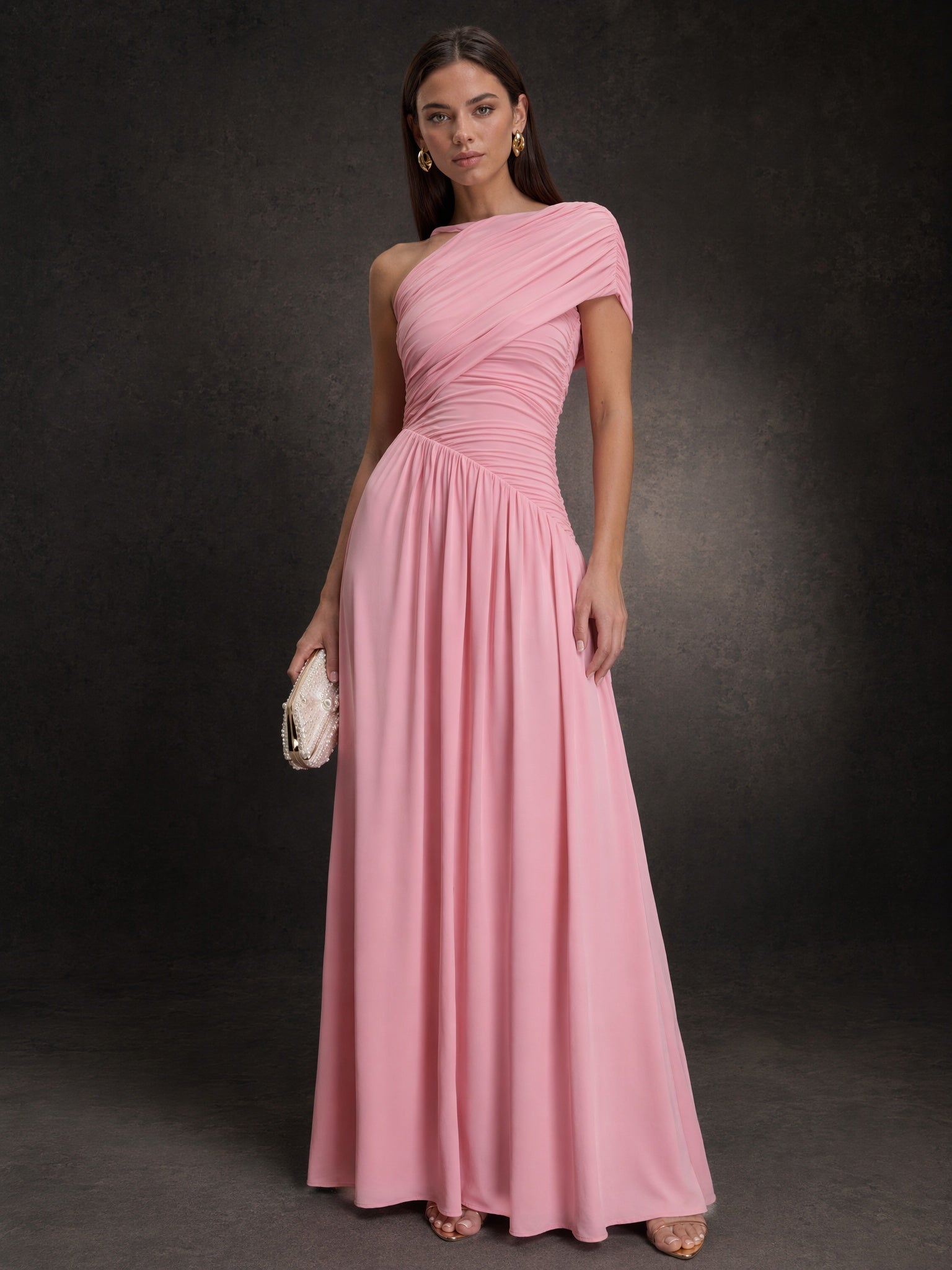 BOLODOO Pink One-Shoulder Draped Ruched Chiffon A-Line Maxi Dress