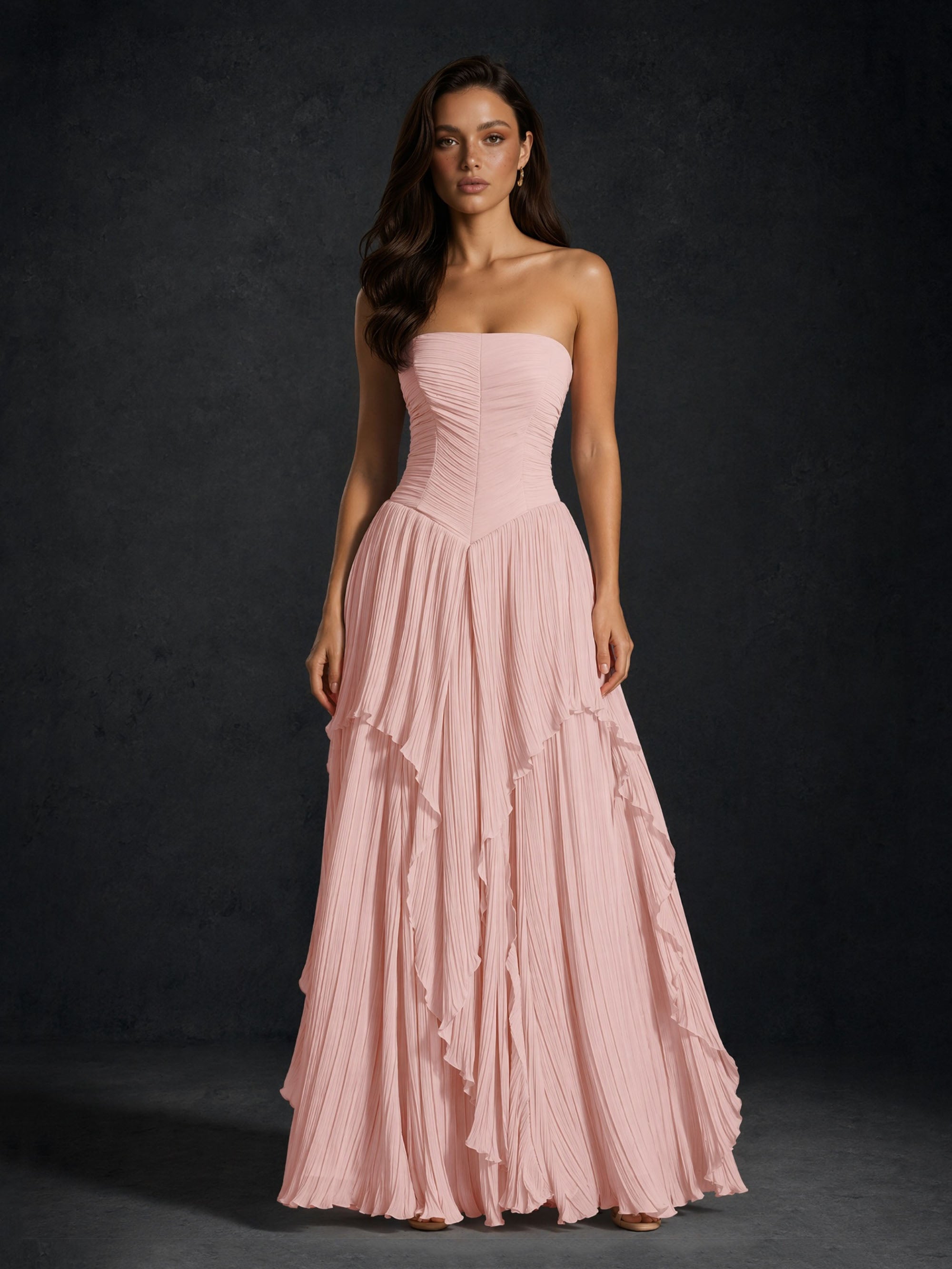 BOLODOO Blush Pink Pleated Chiffon Strapless Lace-Up Corset Back Tiered Ruffle Maxi Dress - Front Full Length Standing View
