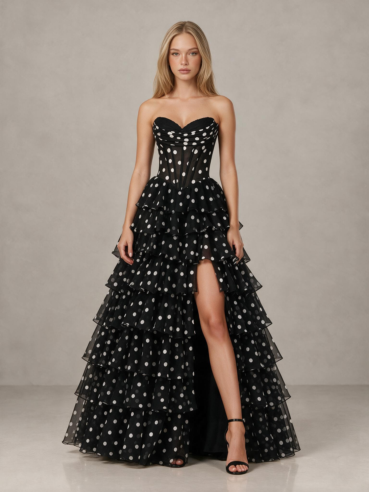 BOLODOO Black Polka Dot Strapless Tiered Prom Dress with High Slit 