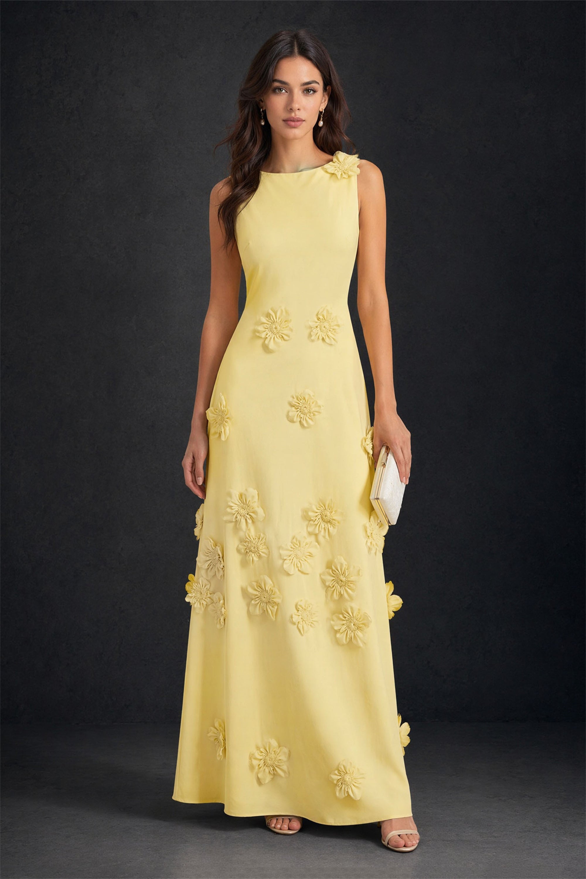 BOLODOO lemon yellow chiffon 3D daisy floral applique round neck sleeveless A-line maxi dress - front full length view with clutch