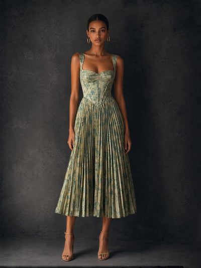 BOLODOO Olive Green Floral Print Corset Accordion Pleated Satin Tea Length Dress - Front Full Length Static View