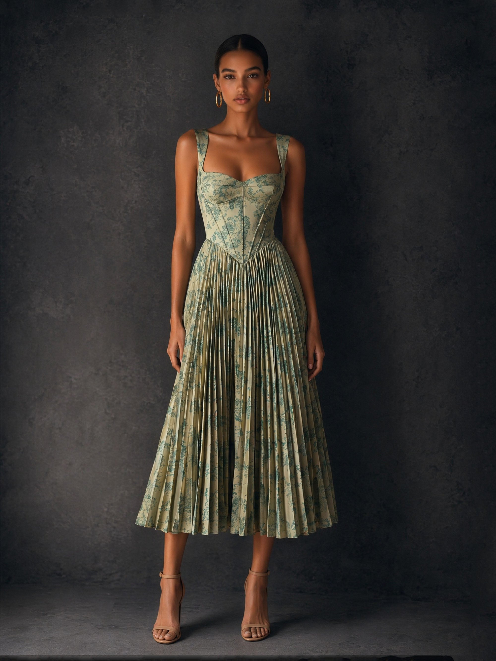 BOLODOO Olive Green Floral Print Corset Accordion Pleated Satin Tea Length Dress - Front Full Length Static View