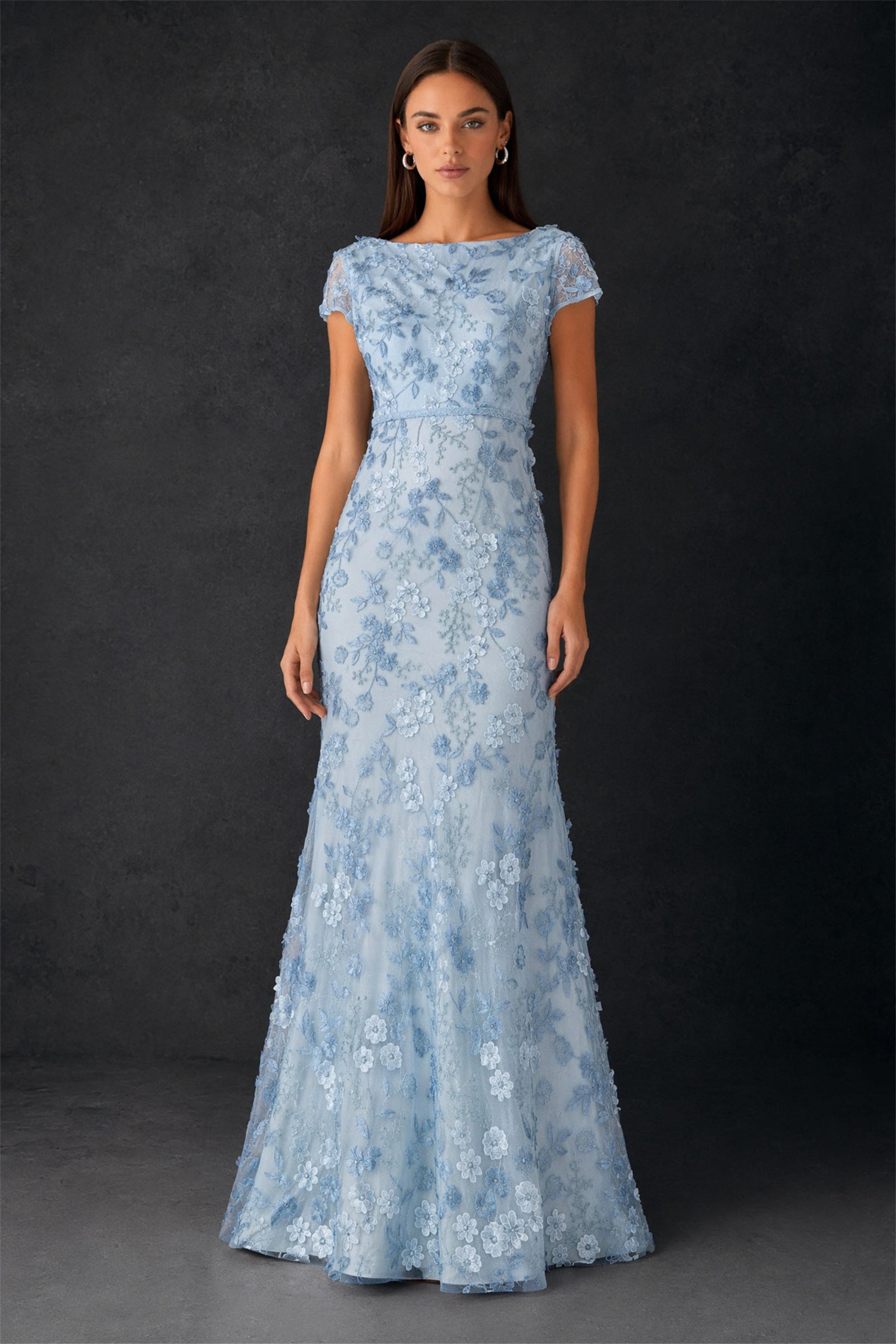 BOLODOO dusty blue 3D floral embroidered lace cap sleeve bateau neck mermaid maxi dress - front full length view