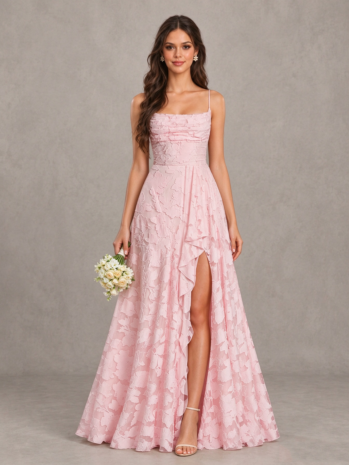 BOLODOO Blush Pink Floral Appliqué Slit Maxi Dress 