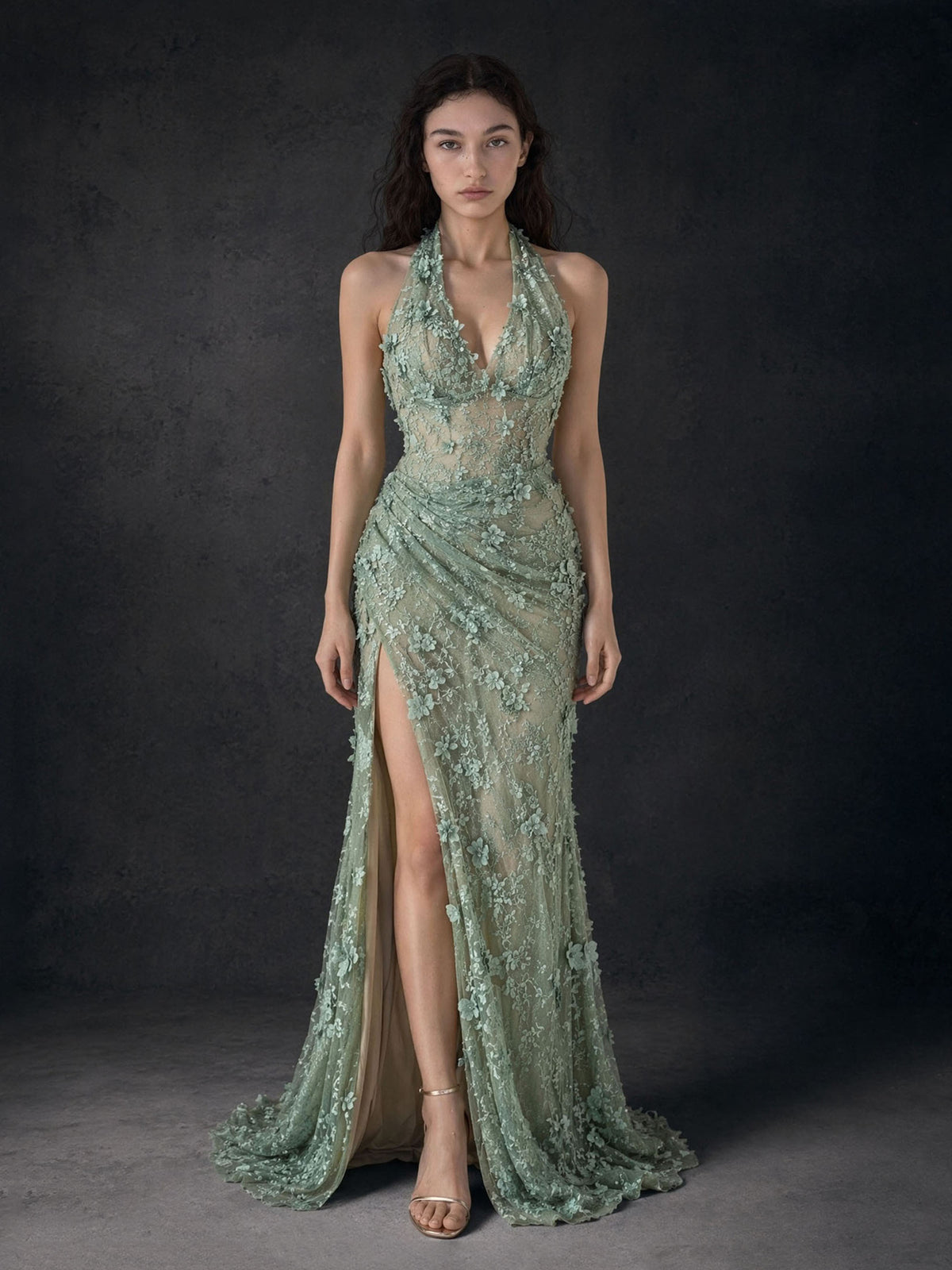 BOLODOO Sage Green 3D Floral Embroidered Lace Halter Deep V-Neck Mermaid Backless Slit Maxi Dress 