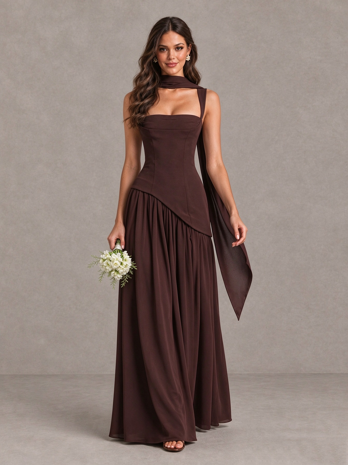 BOLODOO Chocolate Brown Scarf Bridesmaid Dress with Lace-Up Back 