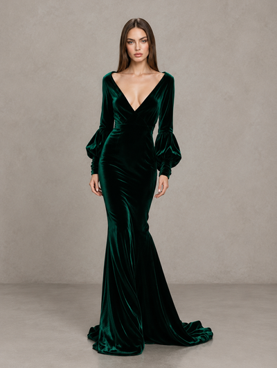 BOLODOO XCD025 emerald green velvet-look mermaid evening gown front view with V-neck and long bishop sleeves