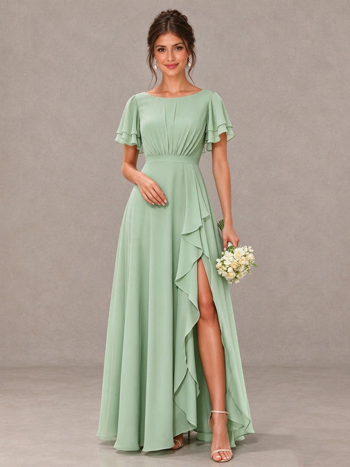 BOLODOO Sage Green Flutter Sleeve Ruffle Bridesmaid Dress with Slit 