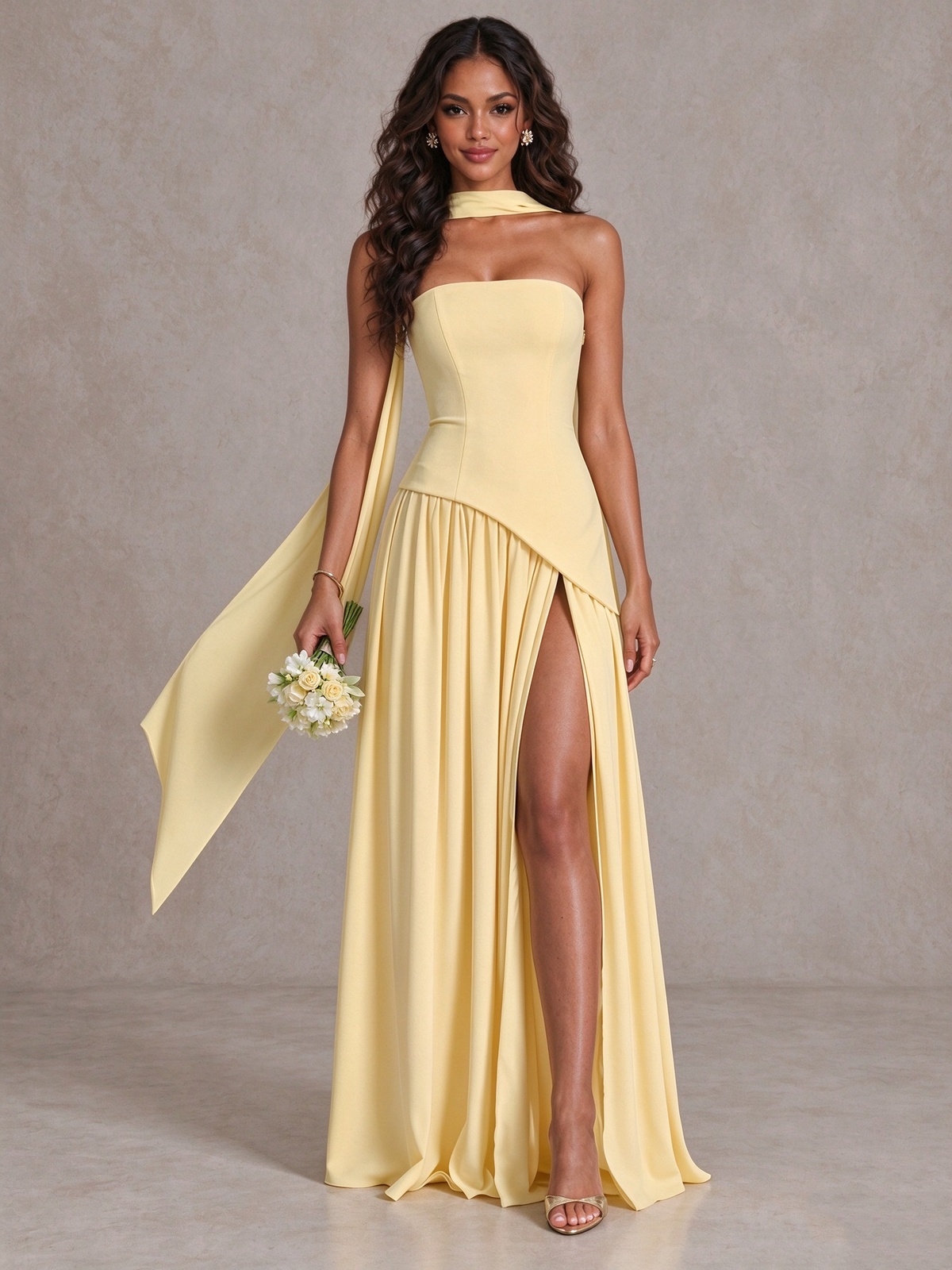 Light Yellow Strapless Bridesmaid Dress with Scarf & High Slit 