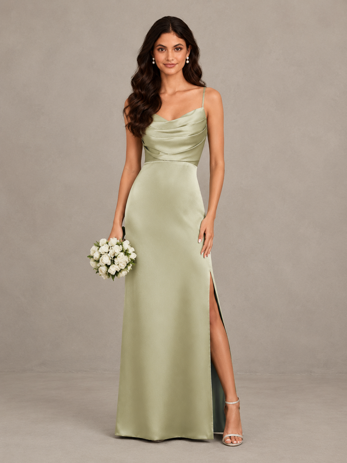 BOLODOO Sage Green Cowl Neck Satin Bridesmaid Dress with Slit 