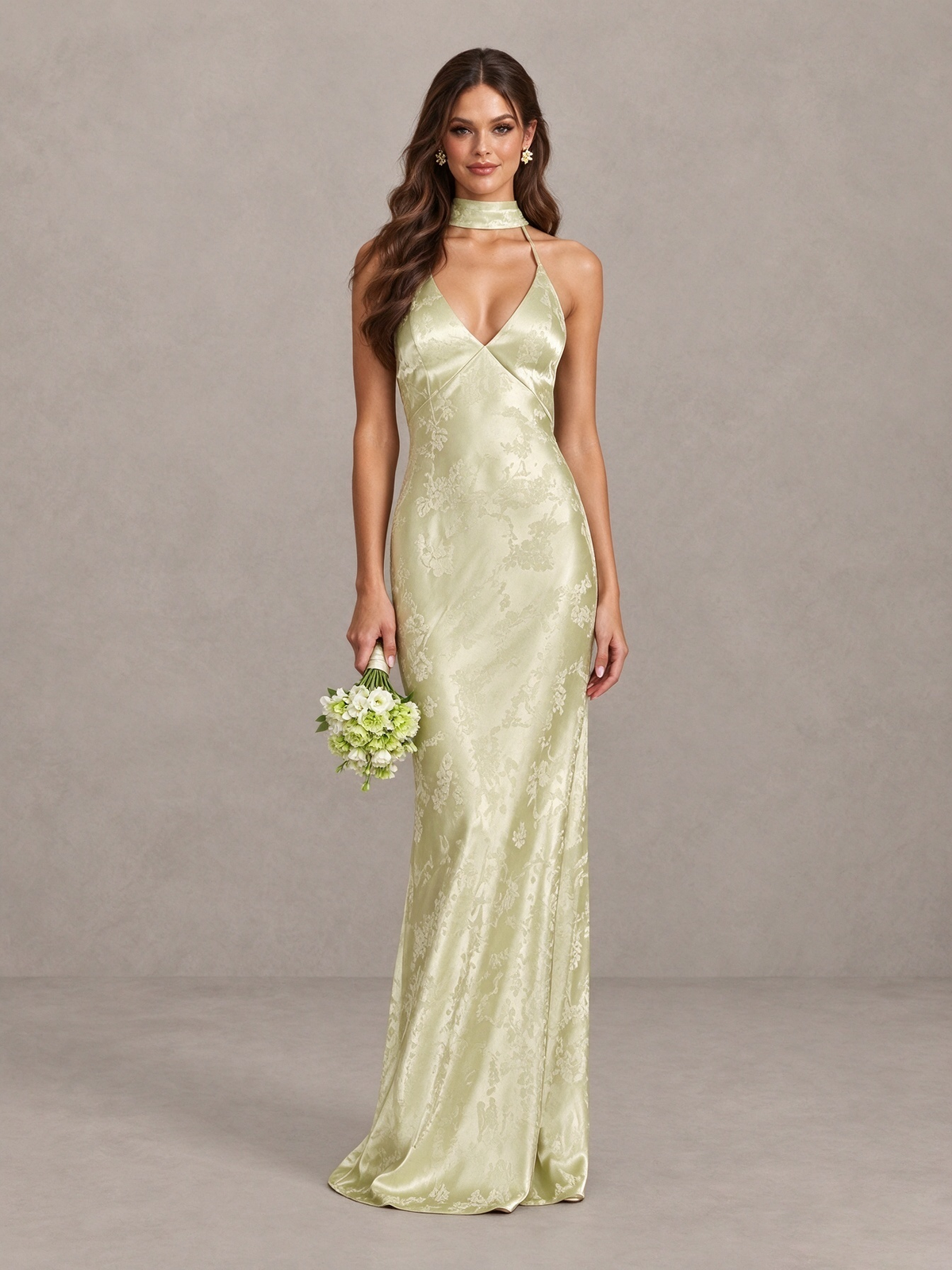 BOLODOO Sage Green Floral Satin Open-Back Bridesmaid Dress 