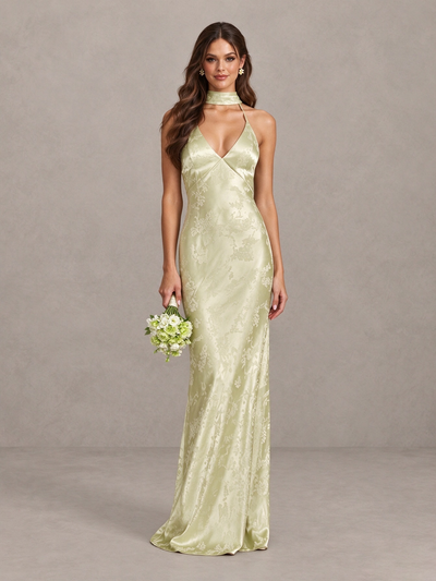 BOLODOO Sage Green Floral Satin Open-Back Bridesmaid Dress 