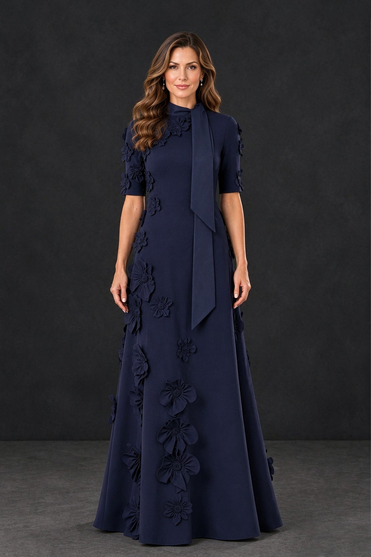 BOLODOO XX123 navy floral applique floor-length gown with high scarf neckline and half sleeves, front view