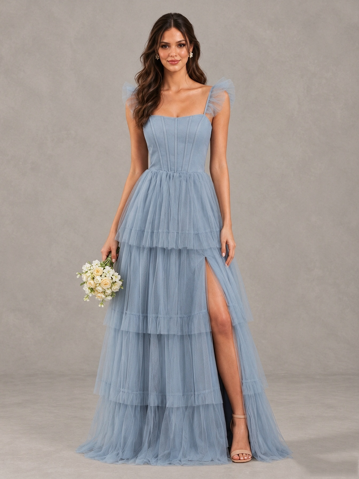 BOLODOO Dusty Blue Tiered Tulle Bridesmaid Dress with Slit 