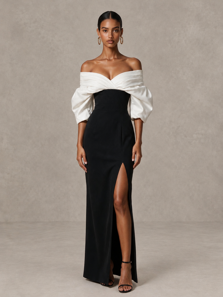 BOLODOO black and white off-shoulder puff sleeve evening gown with high front slit, full front view