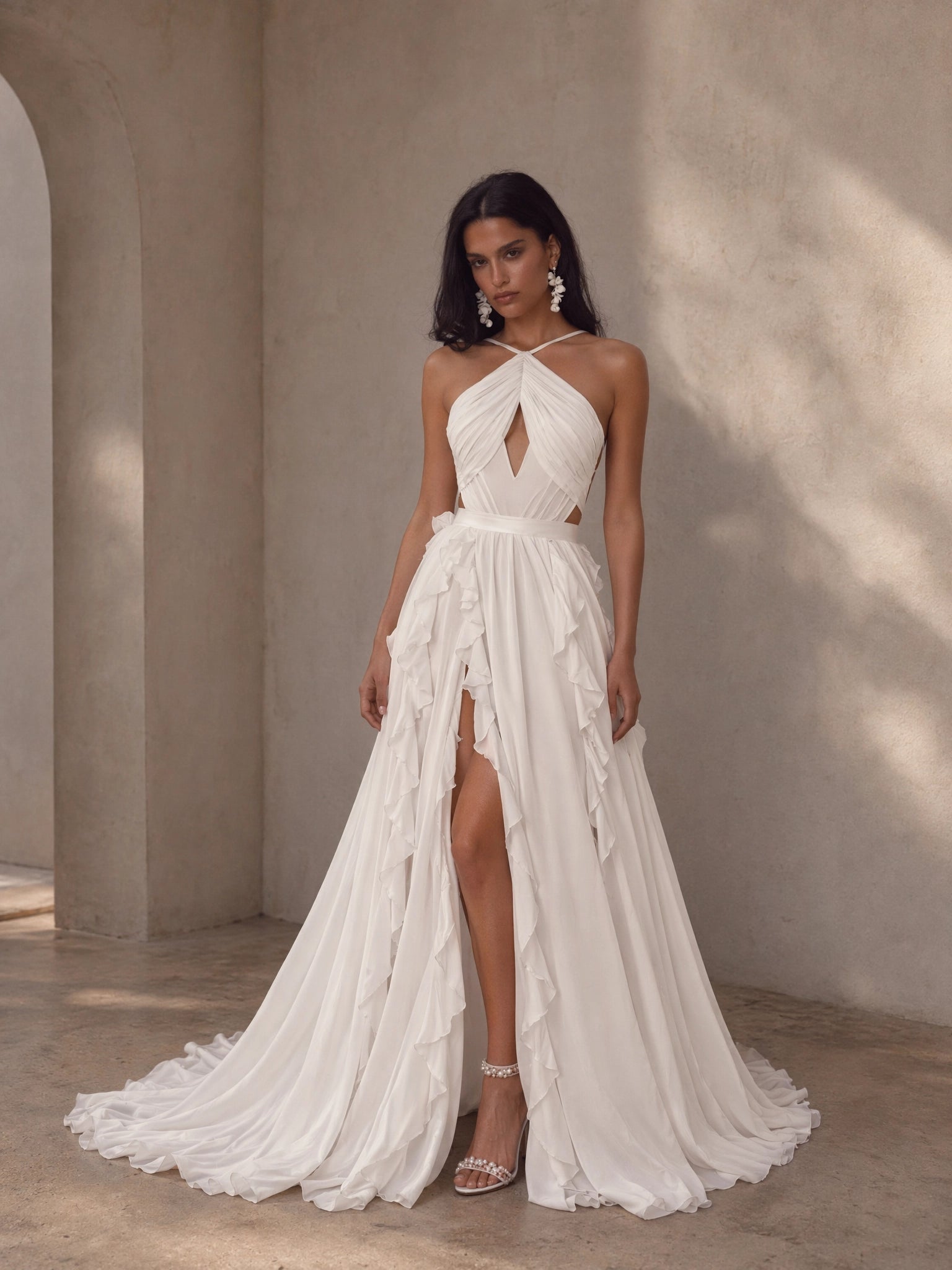 BOLODOO Ivory Halter Neck Crossover Cutout Chiffon Cascading Ruffle A-Line Wedding Gown - full front view with high slit