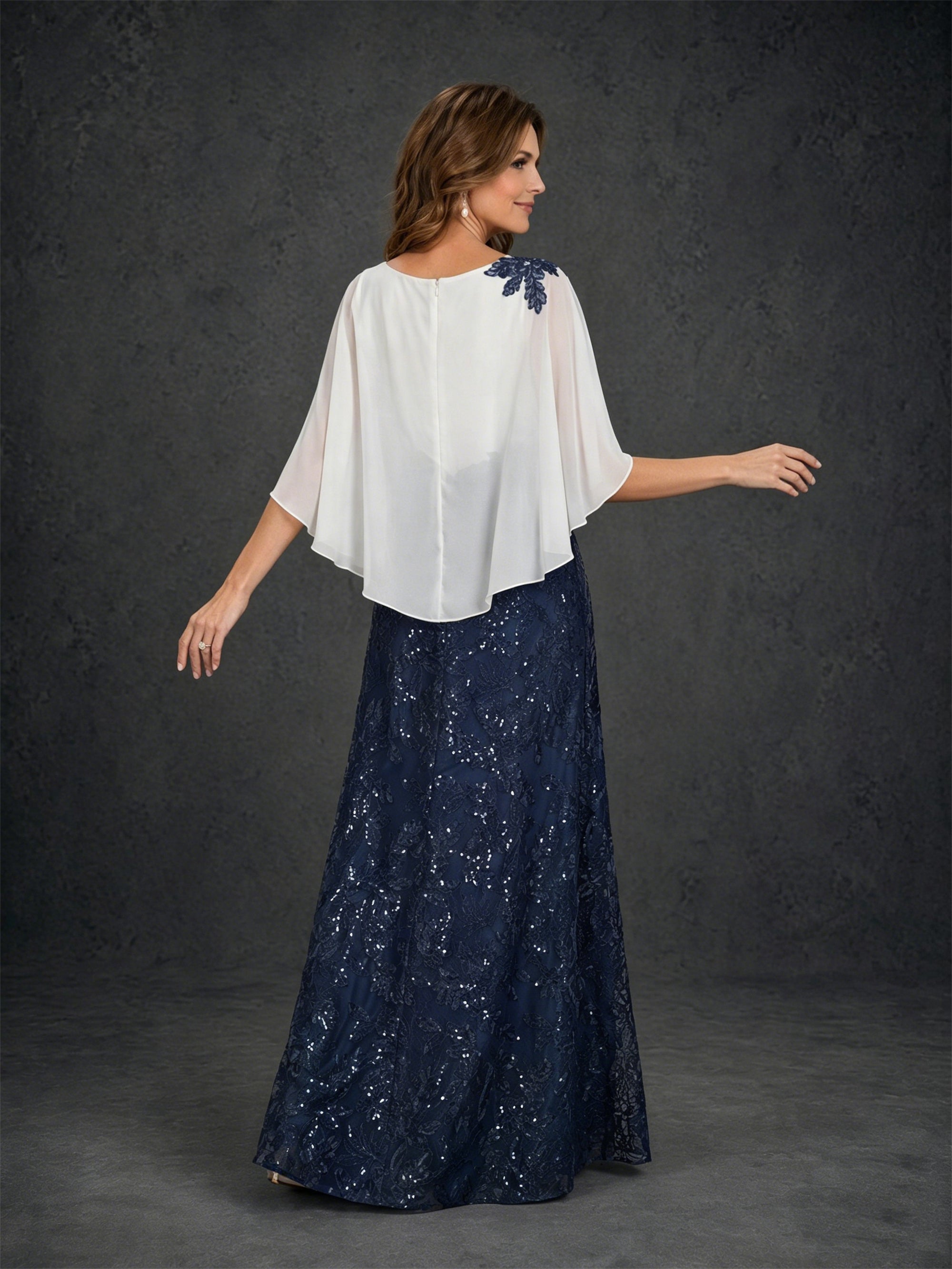 BOLODOO navy blue sequin lace maxi dress with ivory chiffon cape sleeve - front full length smiling pose