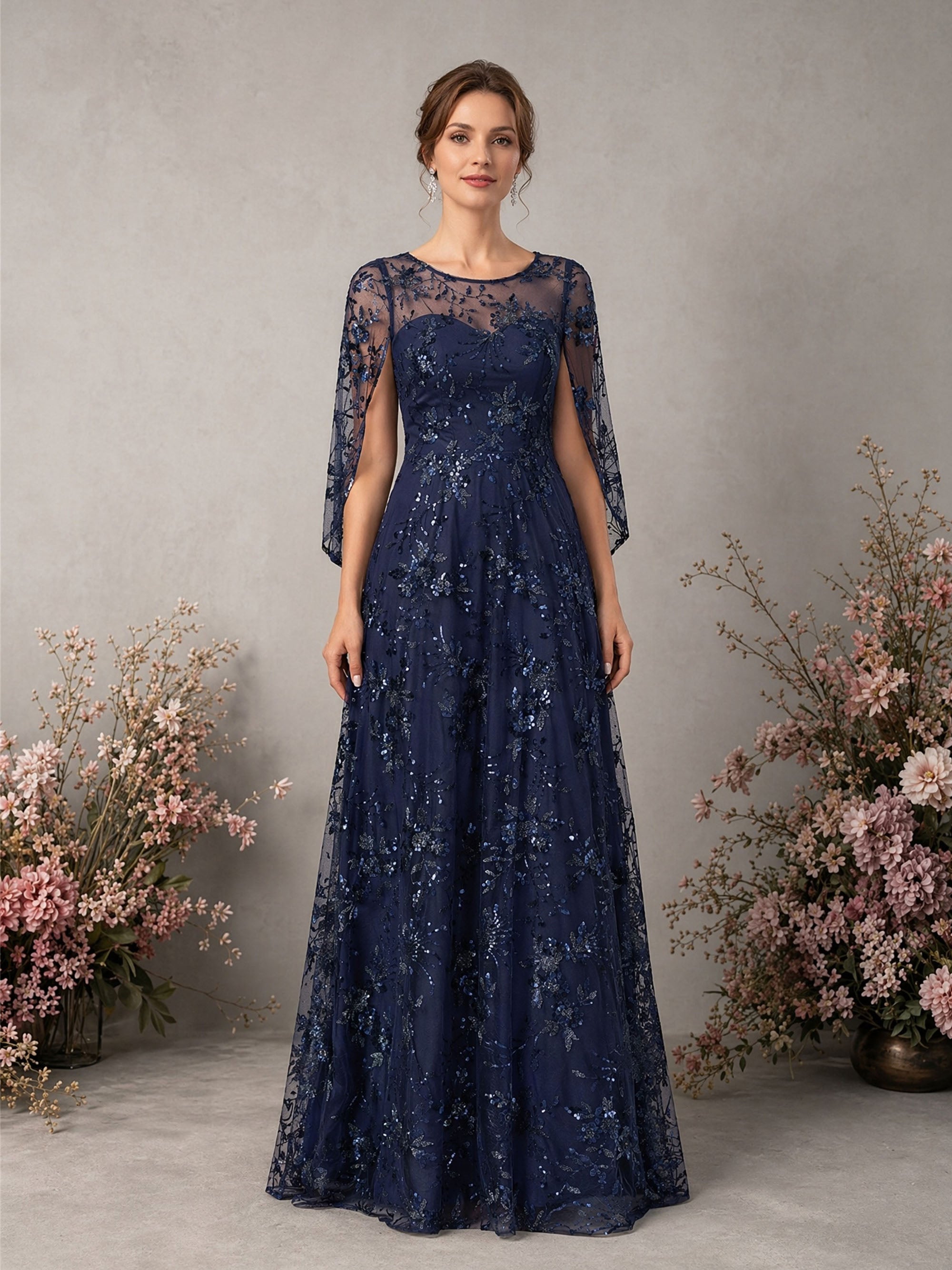 BOLODOO Navy Blue Sequin Lace Cape Sleeve Formal Gown - Front View