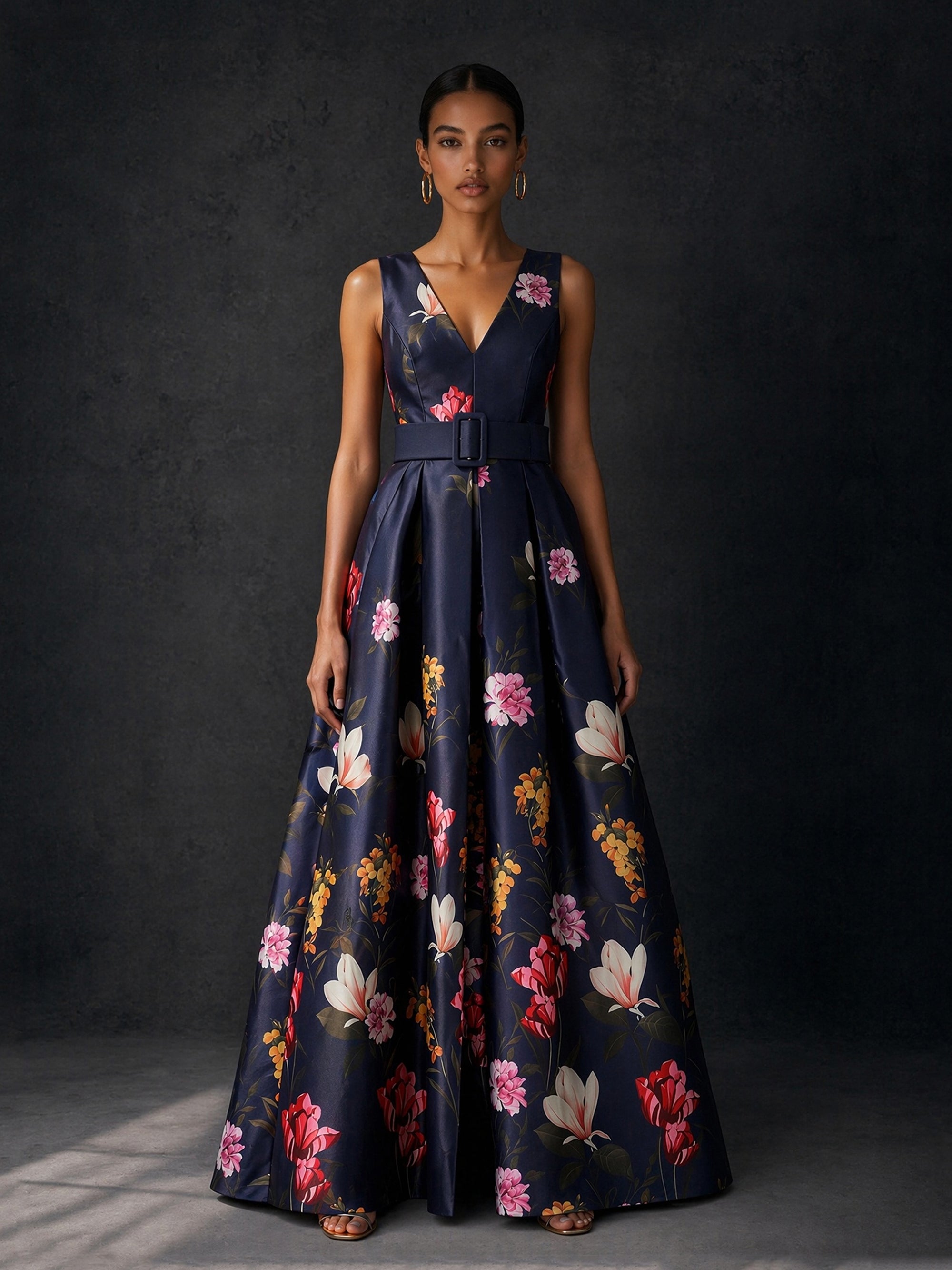 BOLODOO navy blue floral print V-neck belted ball gown - front full length view