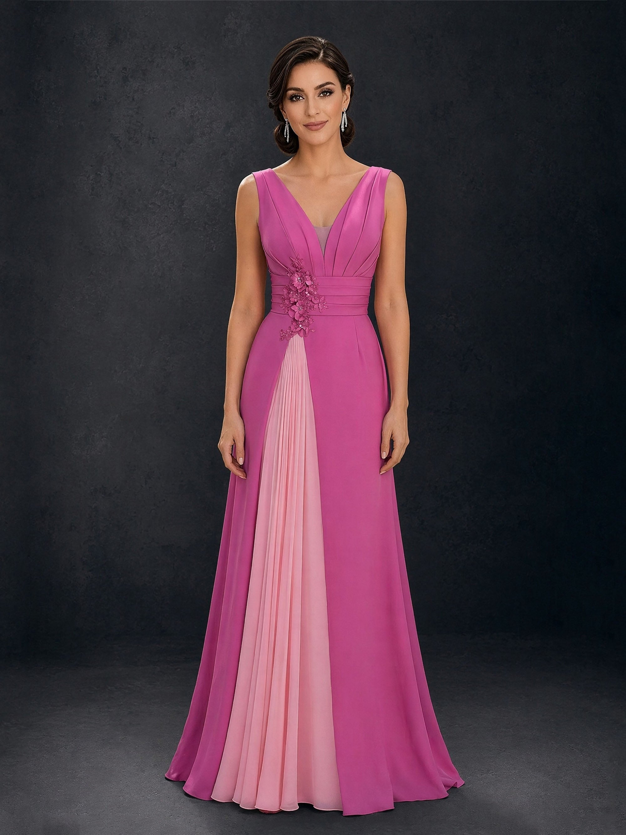 BOLODOO Magenta Pink Two-Tone Chiffon V-Neck 3D Floral A-Line Maxi Dress – Front View Full Length