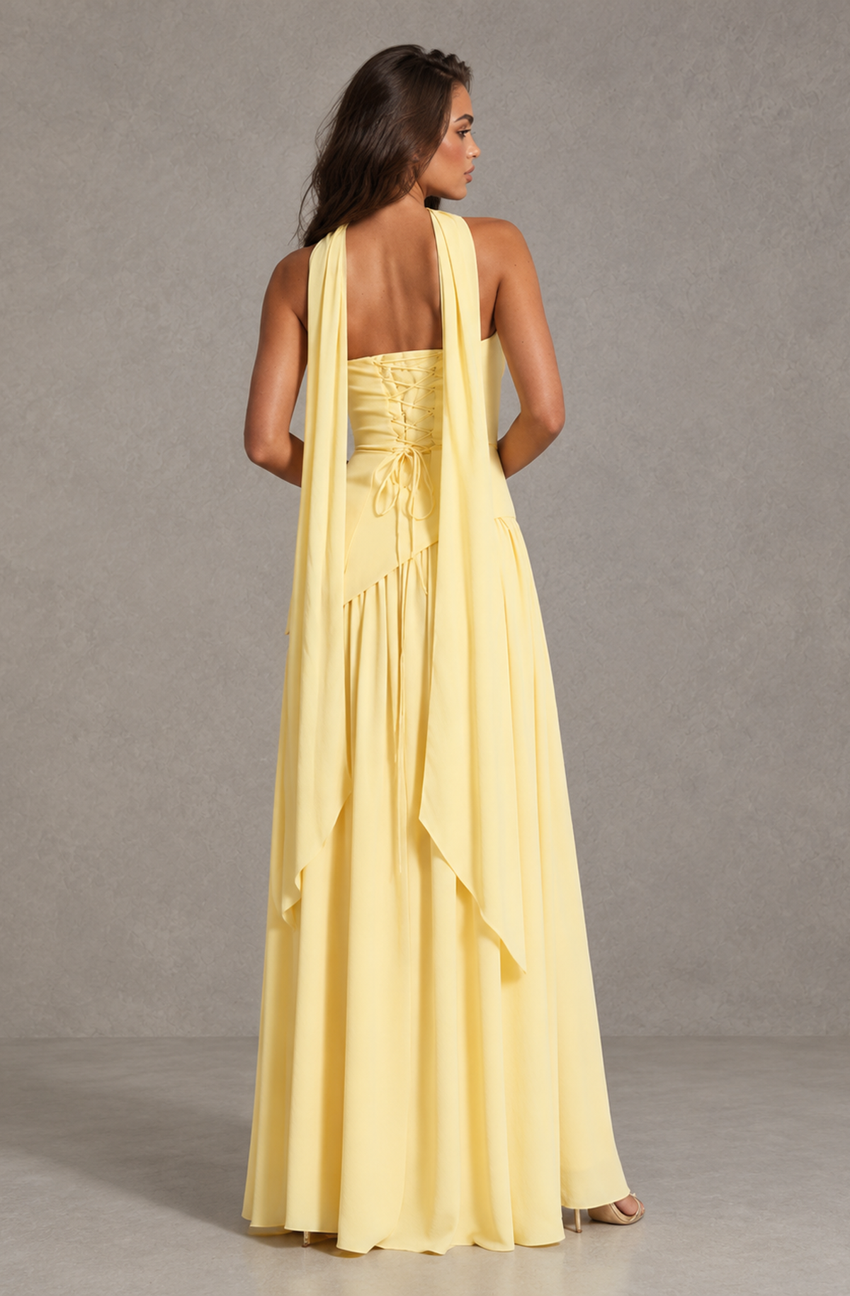 Butter Yellow Strapless Bridesmaid Dress with Scarf & High Slit 