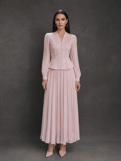 BOLODOO Blush Pink Chiffon Long Sleeve Peplum Pleated Maxi Dress - Front Full Length View