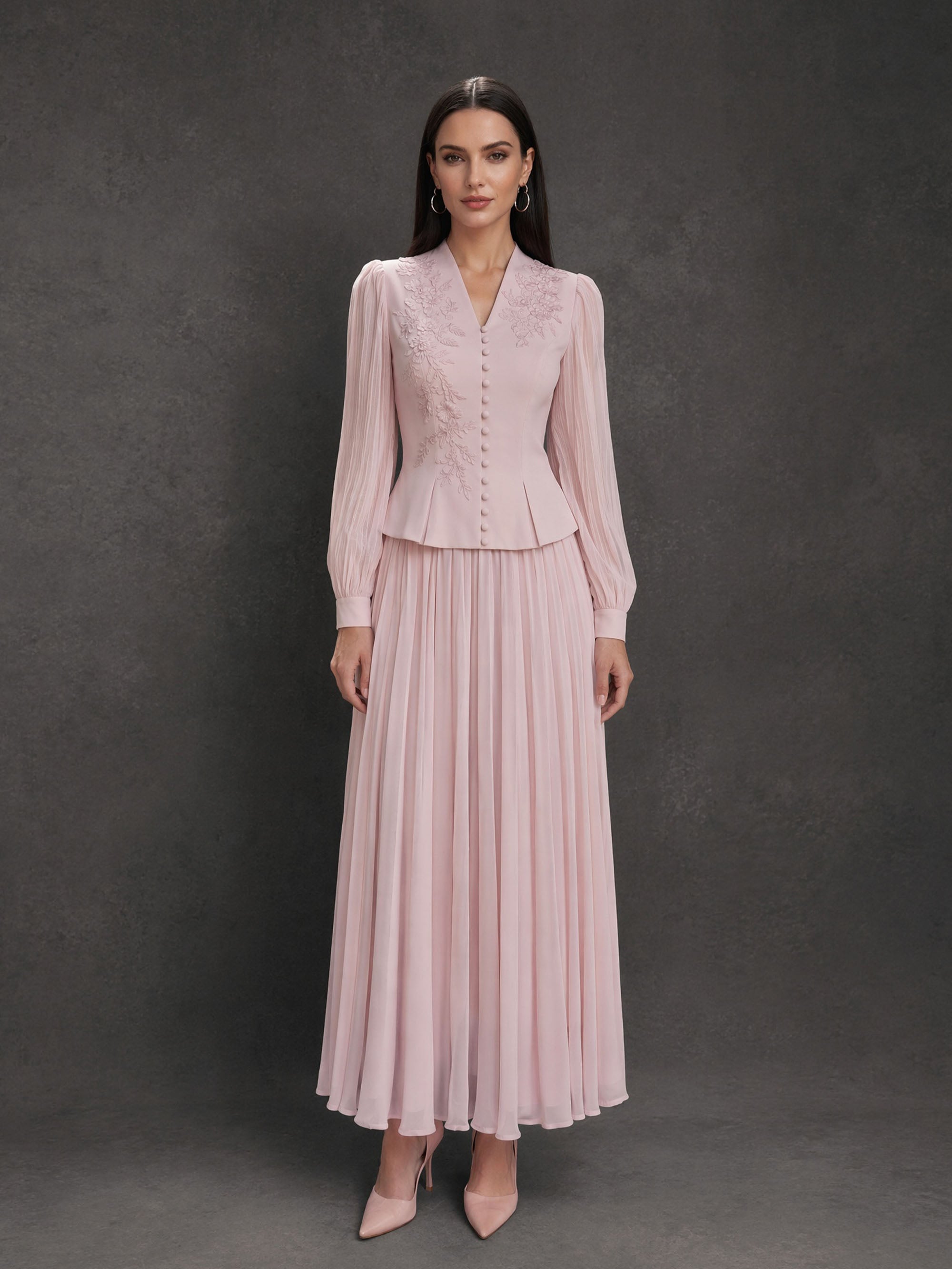 BOLODOO Blush Pink Chiffon Long Sleeve Peplum Pleated Maxi Dress - Front Full Length View